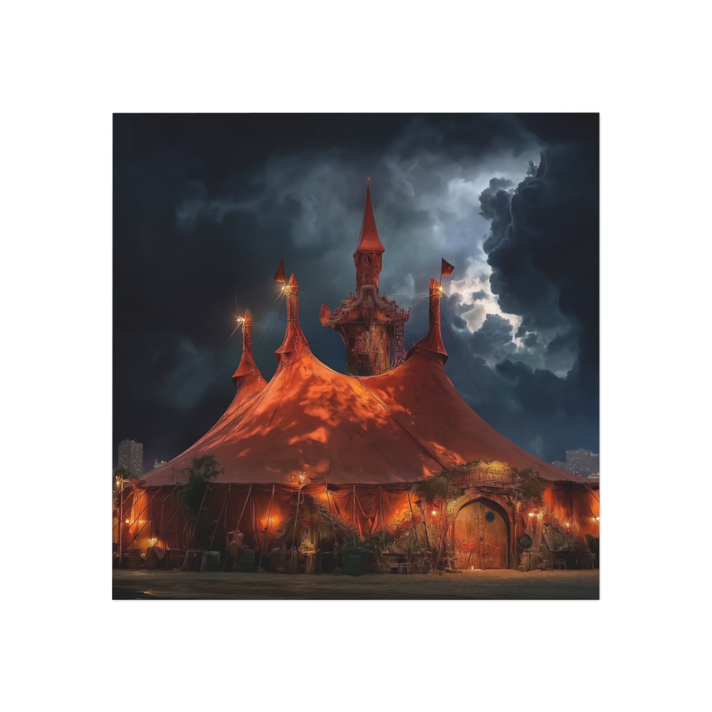 Stormbound Circus Tent Square Magnet – Crimson Canopy Against Dark Skies