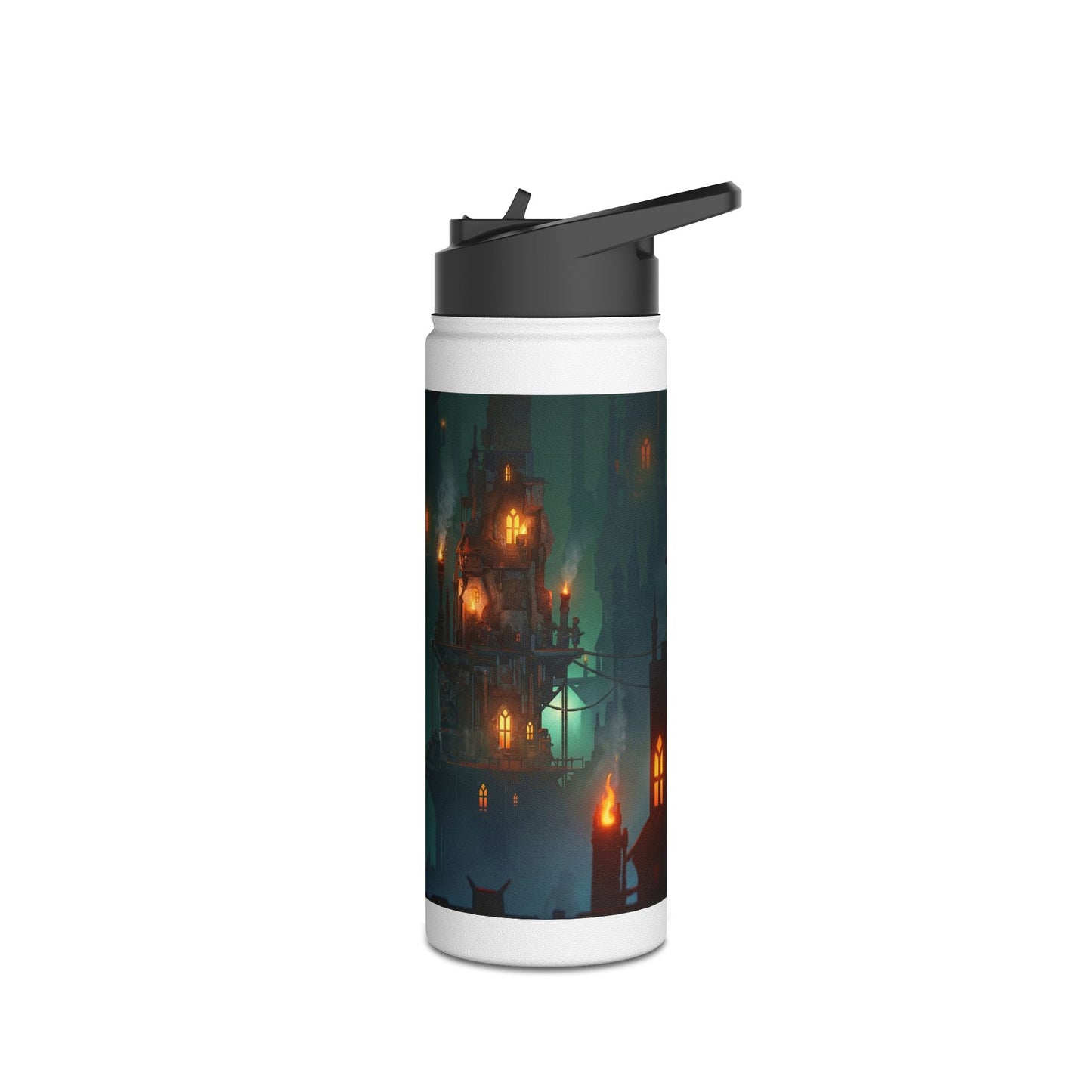 Floating City at Dusk Stainless Steel Water Bottle – Warm Lights Among the Mist