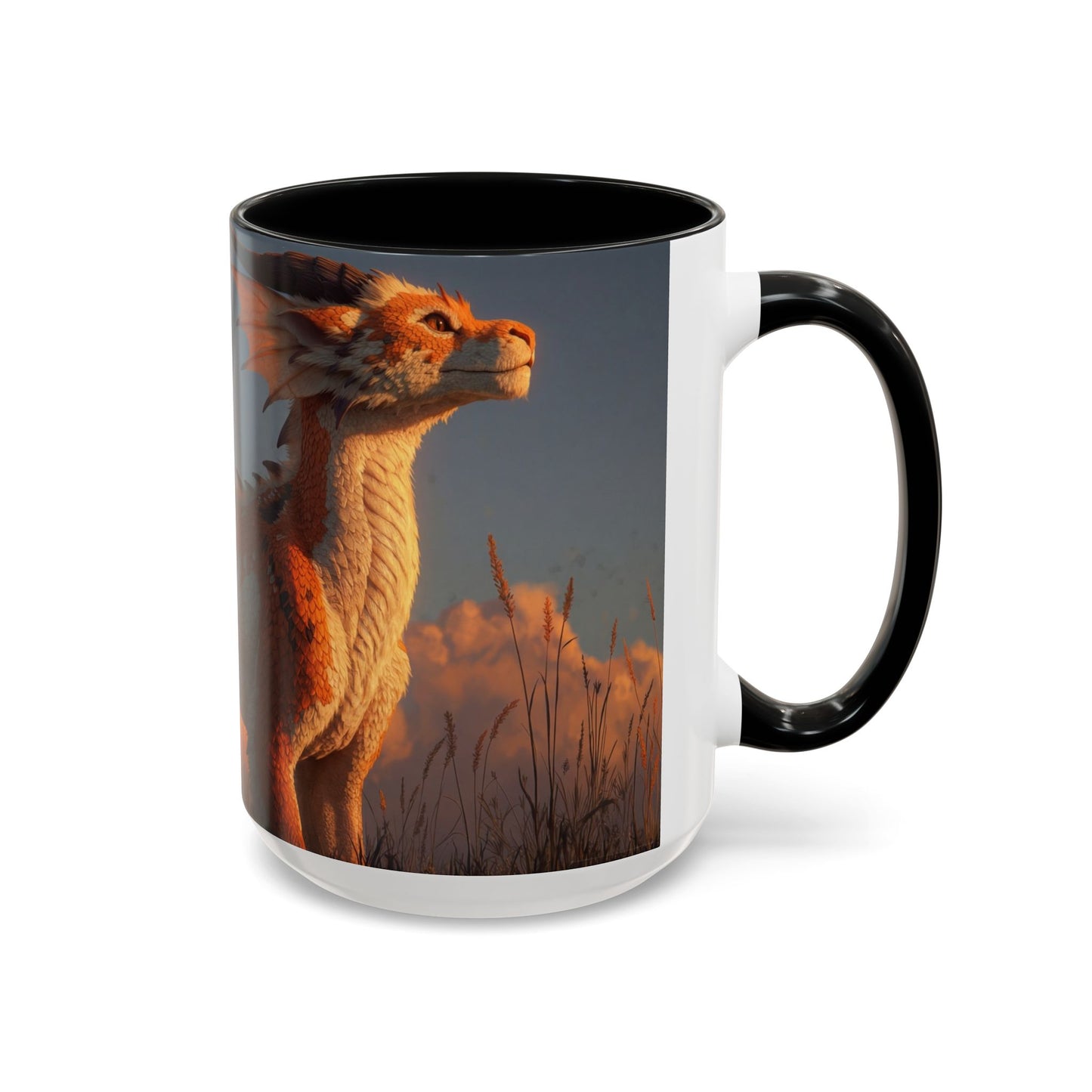 Sunset Dragon Accent Coffee Mug (11, 15oz) – Warm Ember Guardian in Golden Grasses
