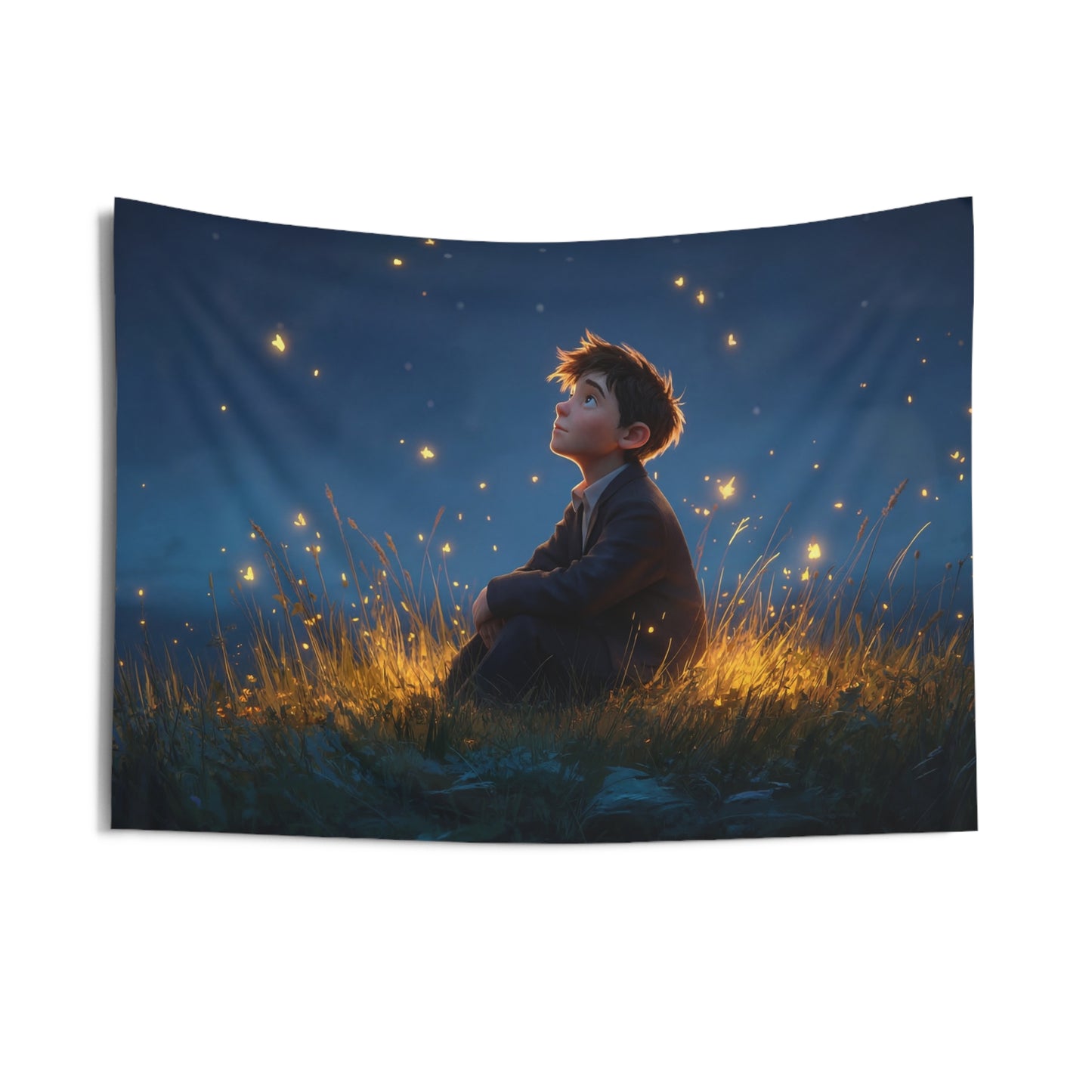 Boy Among Fireflies Indoor Wall Tapestries – Twilight Wonderlandscape