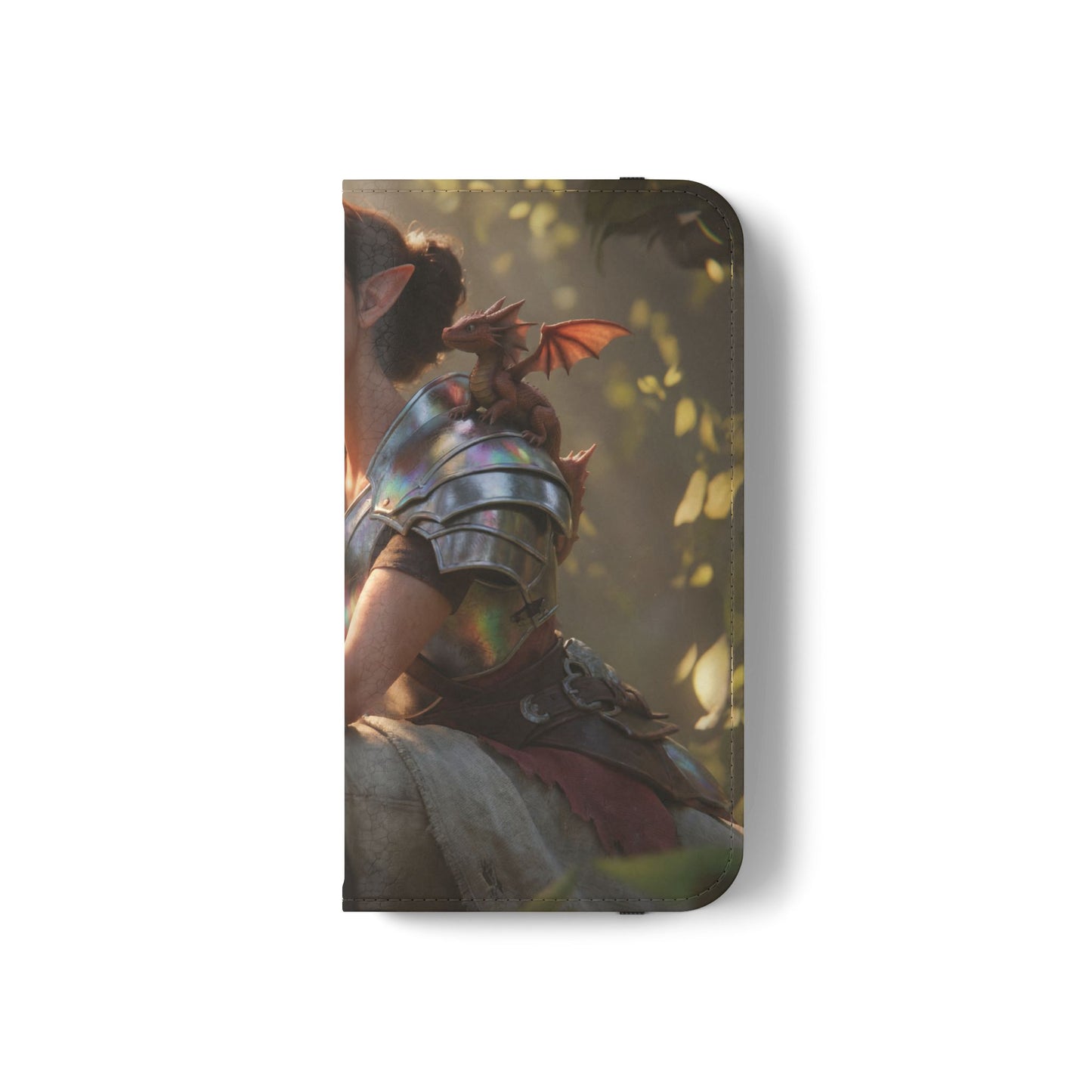 Elven Knight with Dragon Flip Cases – Iridescent Armor & Tiny Guardian Portrait