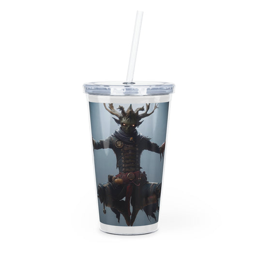 Forest Guardian with Candles Plastic Tumbler with Straw – Zen Amidst the Whispering Woods