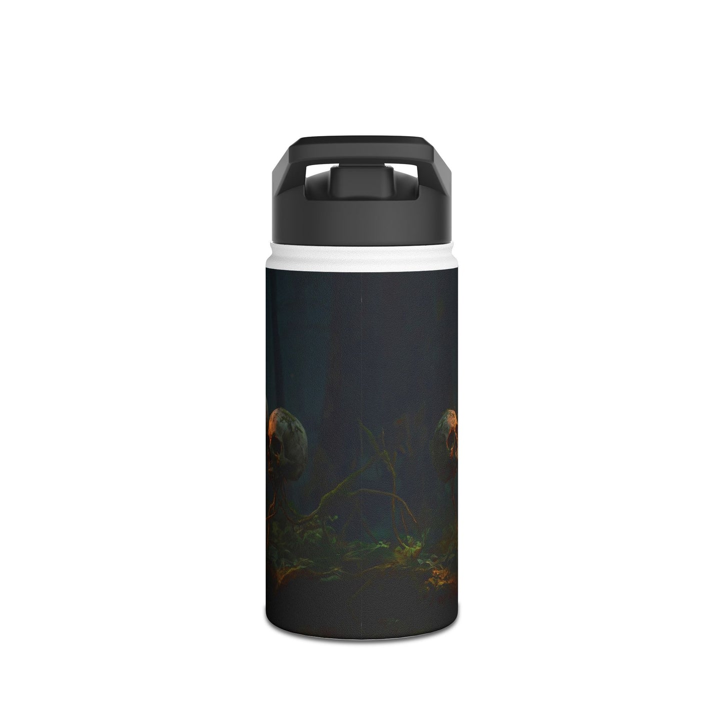 Glowing Lightbulb in Haunted Forest Stainless Steel Water Bottle, Standard Lid – Illuminated Wisdom Among the Ancient Bones