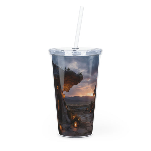 Mushroom Cottage Twilight Tumbler with Straw – Warm Glow Over Mountain Vale