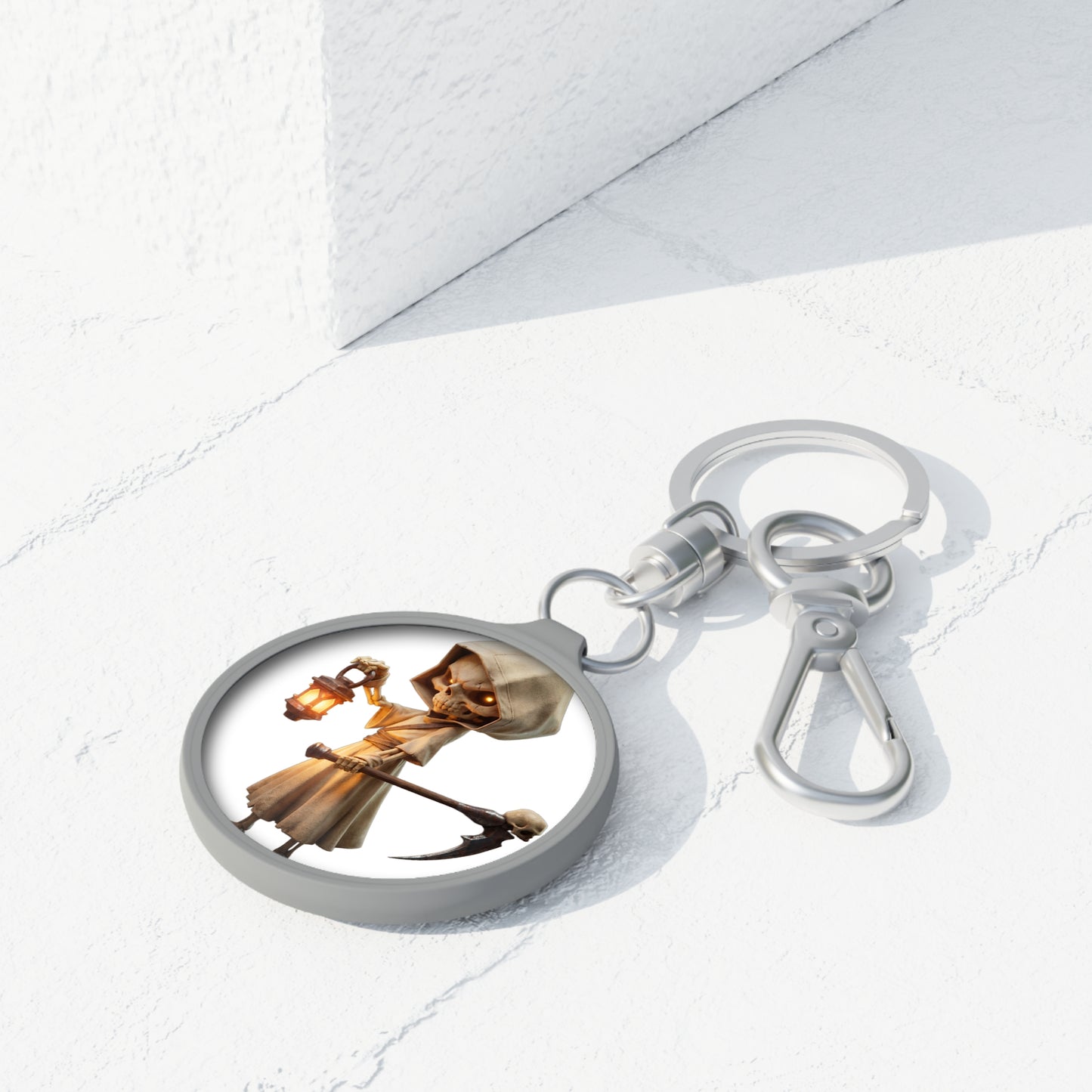 Hooded Lantern Skeleton Keyring Tag – Gentle Guardian with Scythe and Skull-Topped Scythe