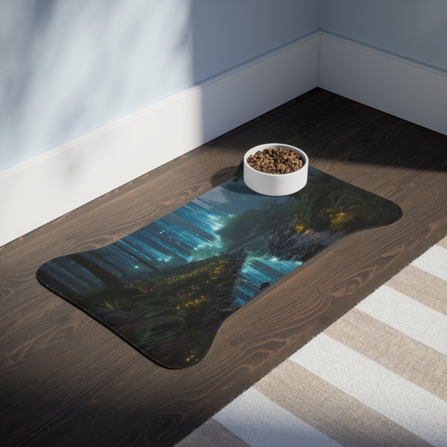 Celestial Waterfall Pet Feeding Mats – Azure Light Through Ancient Pines