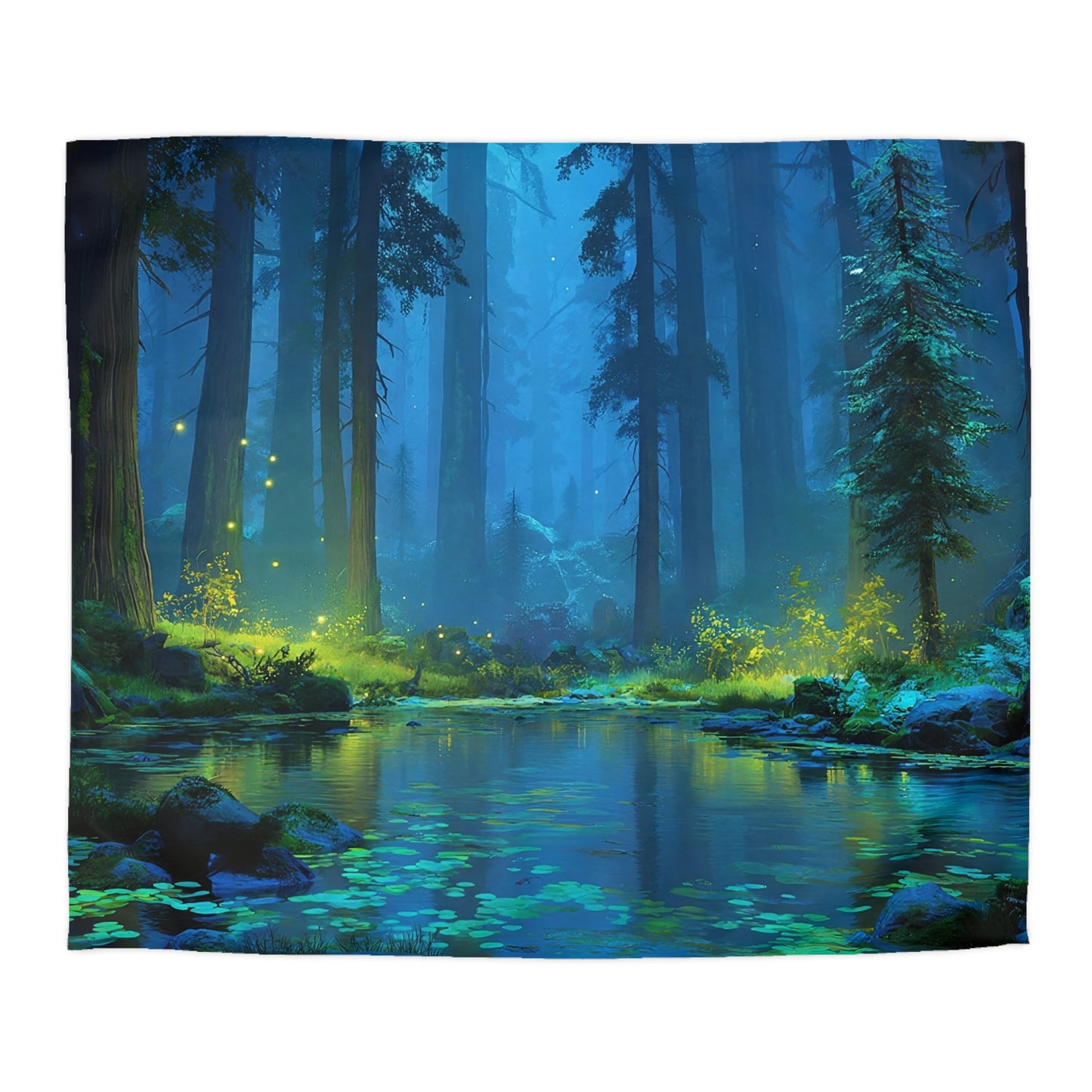 Luminescent Forest Duvet Cover – Whispering Pines & Firefly Night