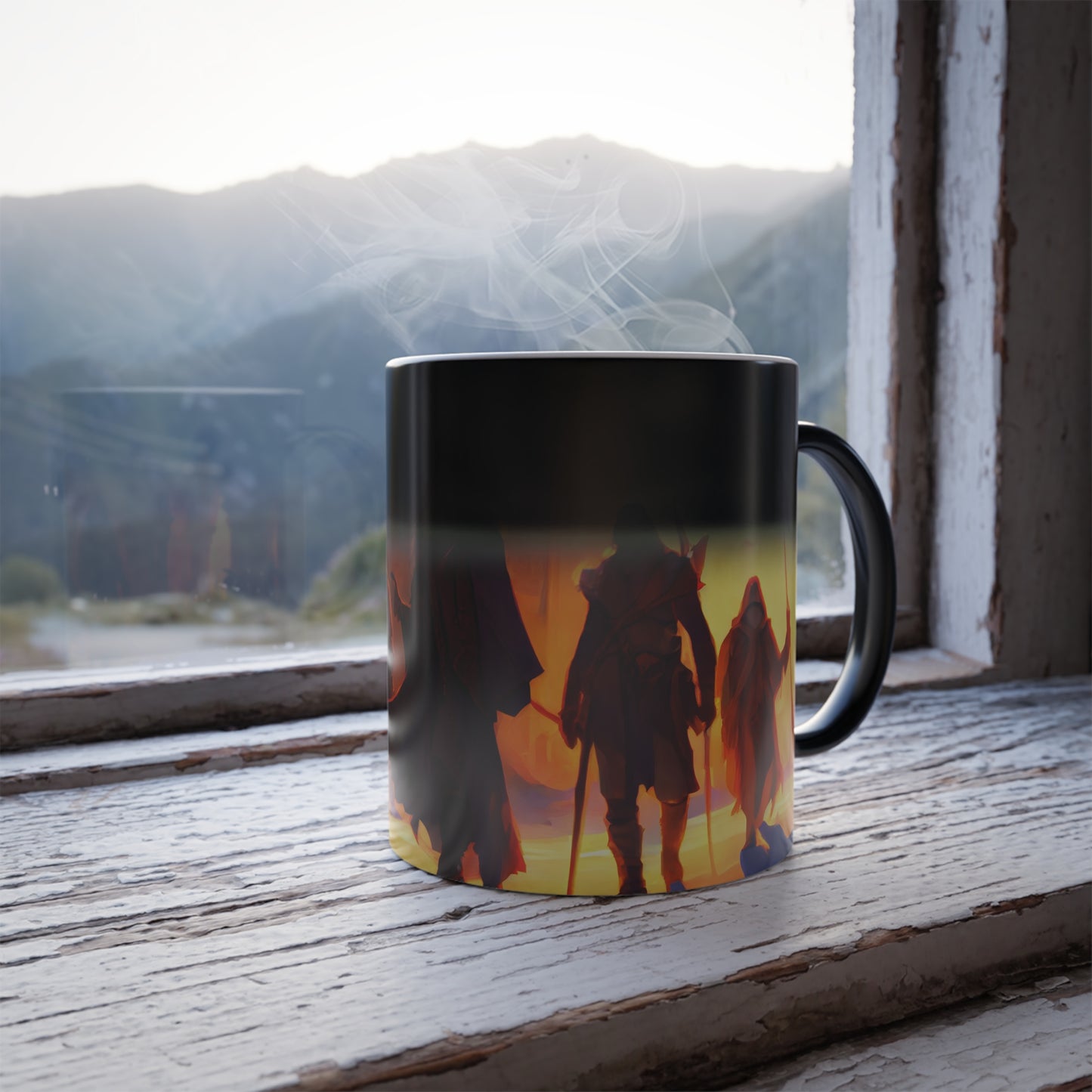 a dnd adventuring party traveling, temple to the gods of despair at golden hour, Uzbekistan wilderness, winter atmosphere, five figures, fantasy heroes - Color Morphing Mug, 11oz