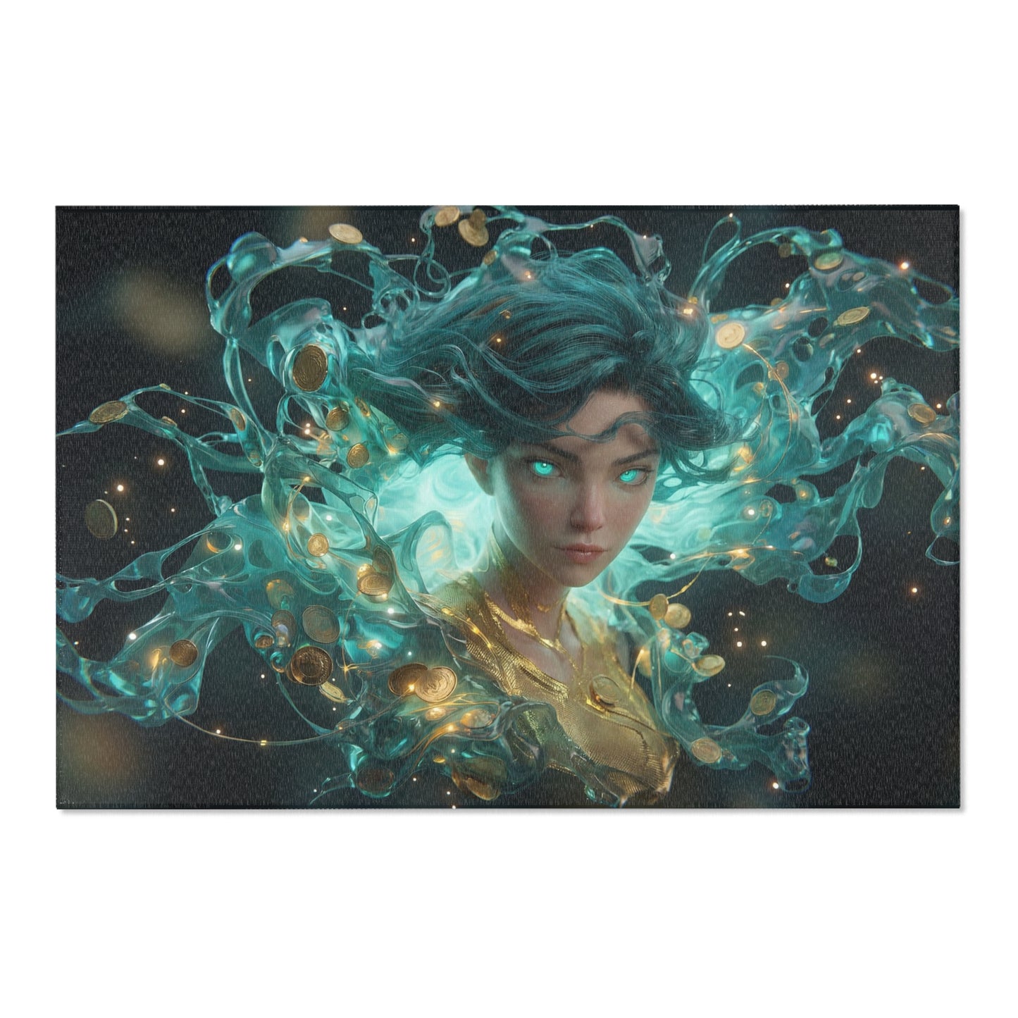 Liquid Starlight Sentinel Rug – Aura of Glowing Coins and Azure Veils