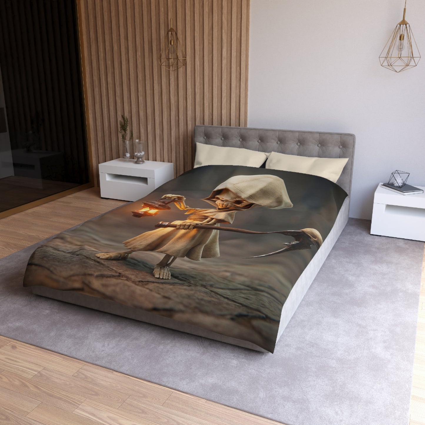 Lantern-Bearing Reaper Microfiber Duvet Cover – Warm Glow Through Twilight Shadows
