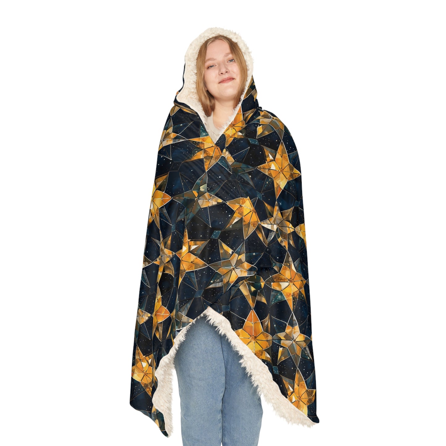 "A kaleidoscopic pattern of geometric star formations radiating from a central point, using a palette of deep sapphire, smoky quartz, and dark citrine hues." - Snuggle Blanket