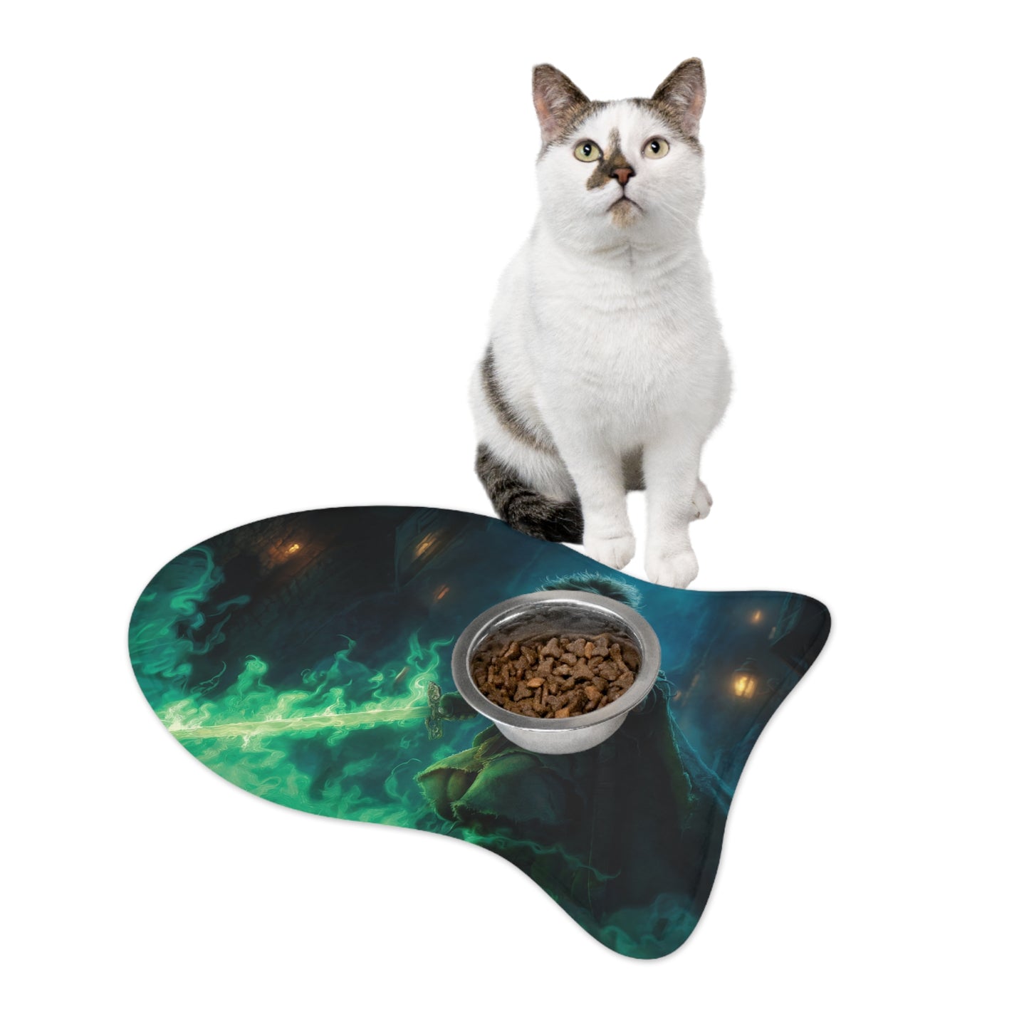 Gnome Guardian Pet Feeding Mats – Emerald Flame Sentinel