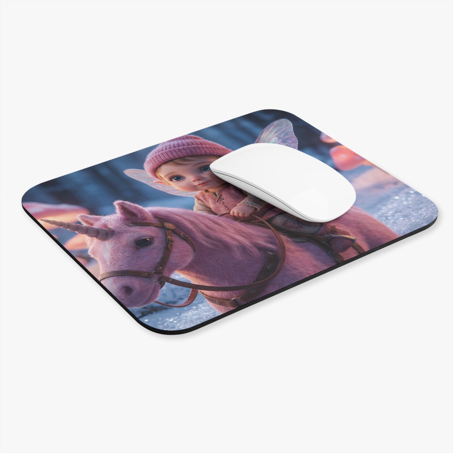 Pink Unicorn Rider Mouse Pad – Winter Forest Whimsy