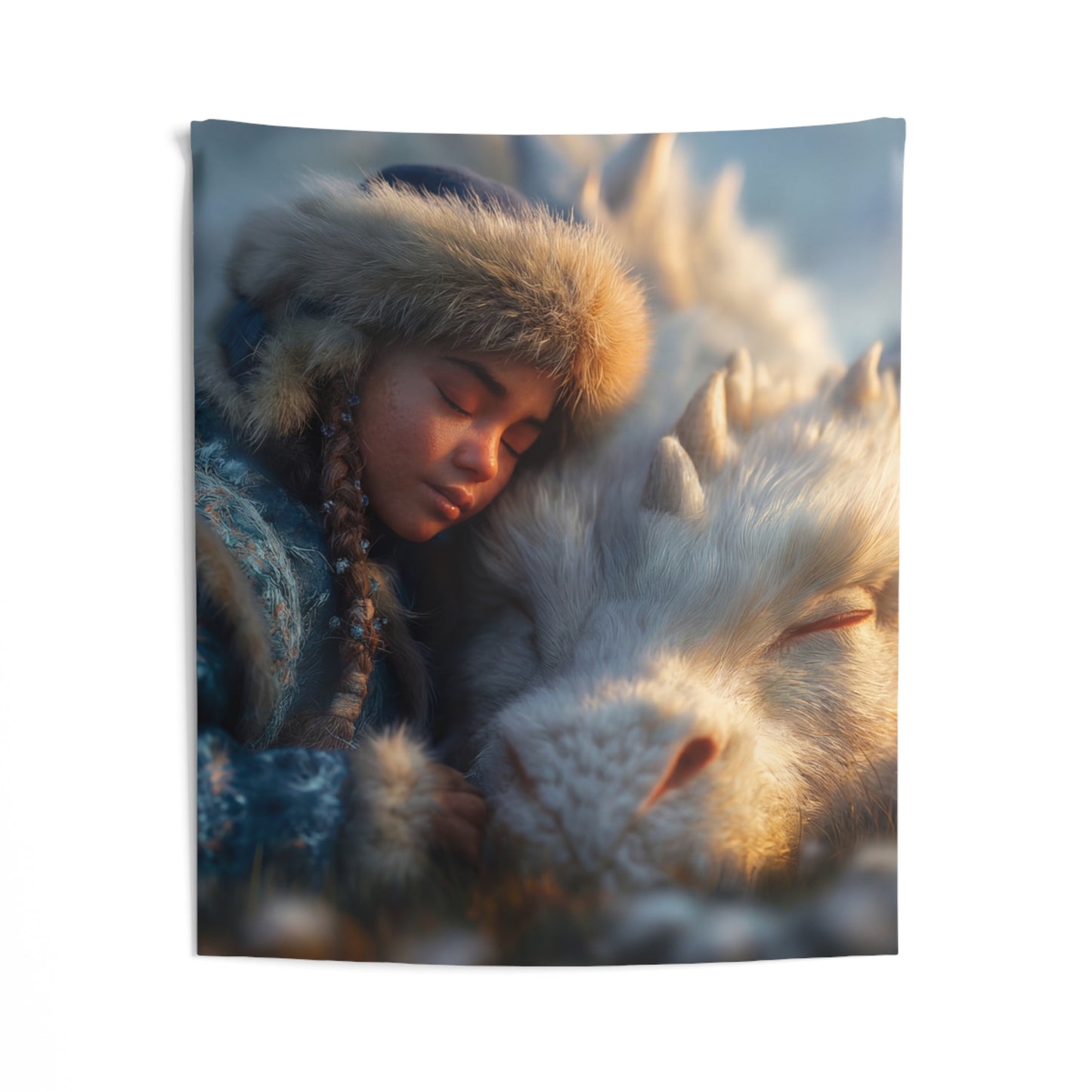 Winter’s Whisper Indoor Wall Tapestries – Child and Dragon in Frost Bloom