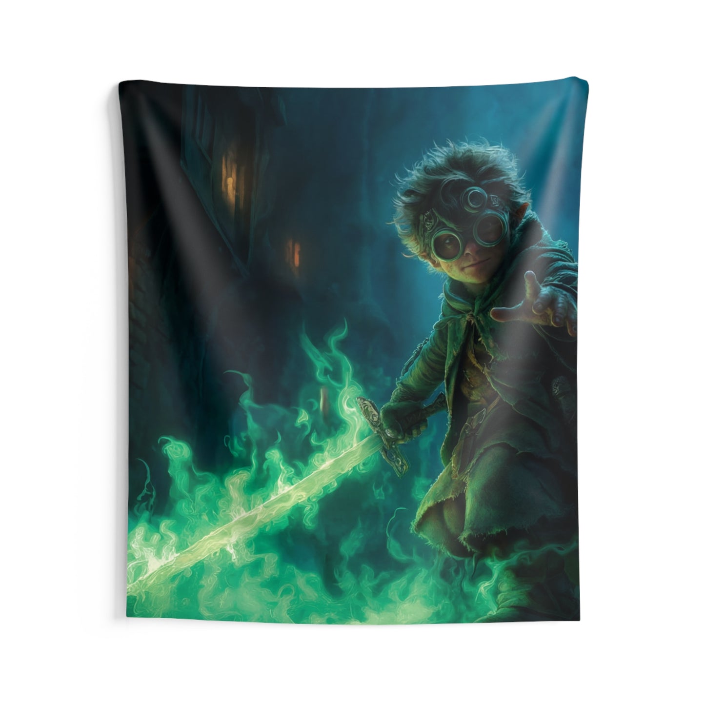 Green-Eyed Mage with Glowing Sword Indoor Wall Tapestries – Midnight Alley Adventure