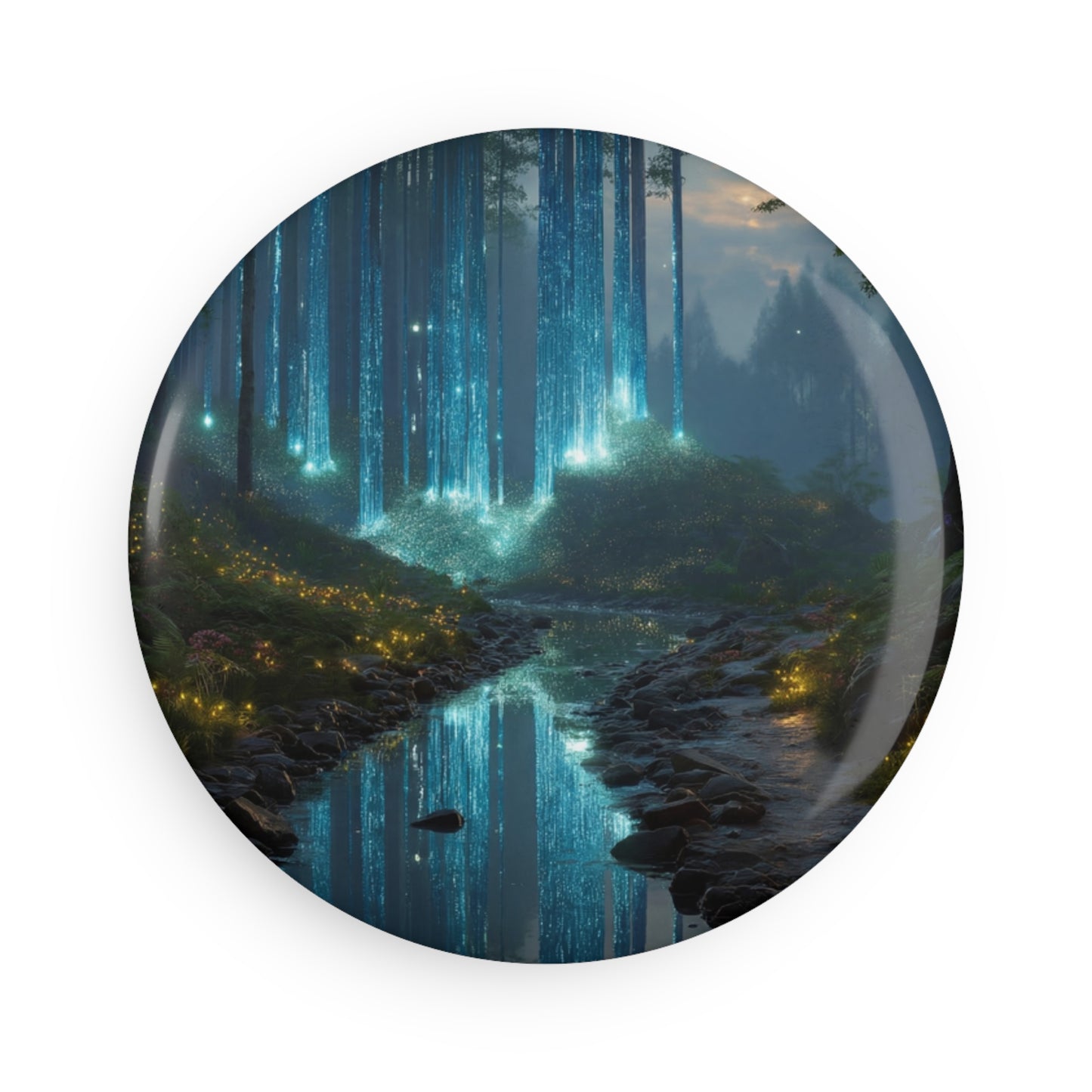 Celestial Forest Stream Button Magnet, Round (1 & 10 pcs) – Azure Lightfall Through Ancient Woods