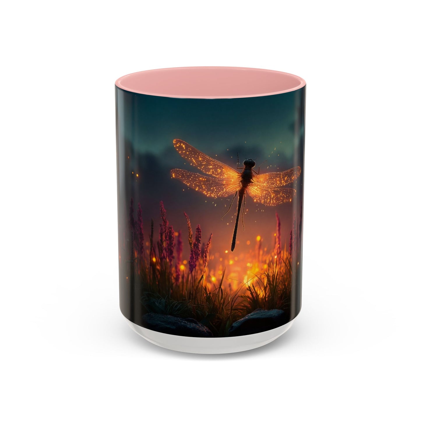 Firefly Dragonfly Accent Coffee Mug (11, 15oz) – Twilight Luminescence Over Meadow
