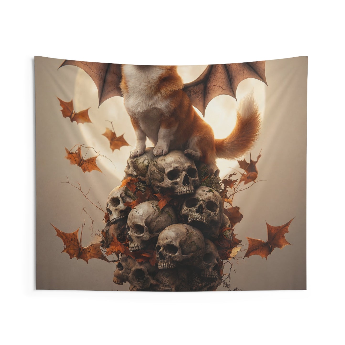 Batwing Corgi on Skull Throne Tapestry – Autumn Moonlit Guardian