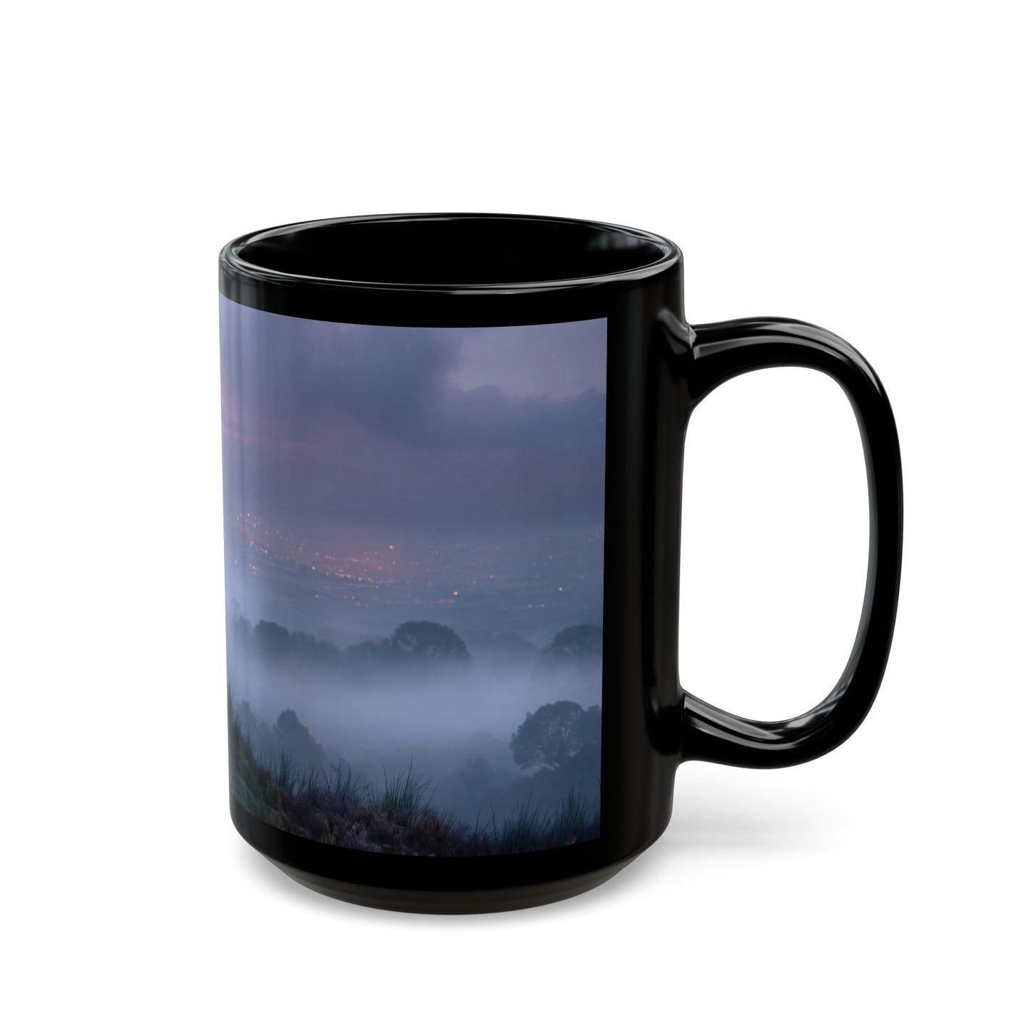 Solitary Sentinel Mug – Twilight Over Cityscape with Moon and Mushrooms