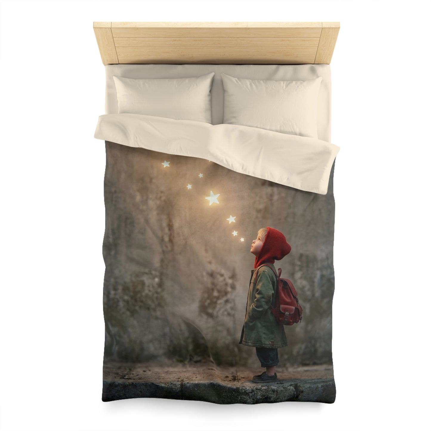 Star-Seeking Child Microfiber Duvet Cover – Warm Glow Against Weathered Stone