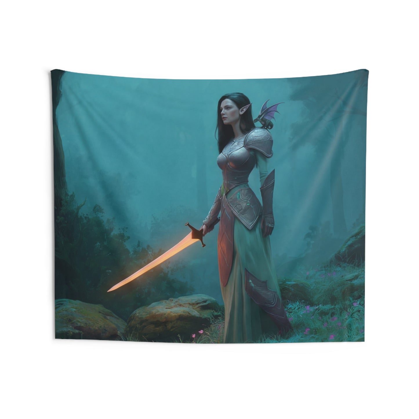 Elven Sentinel Indoor Wall Tapestries – Sword Lit by Twilight Moss