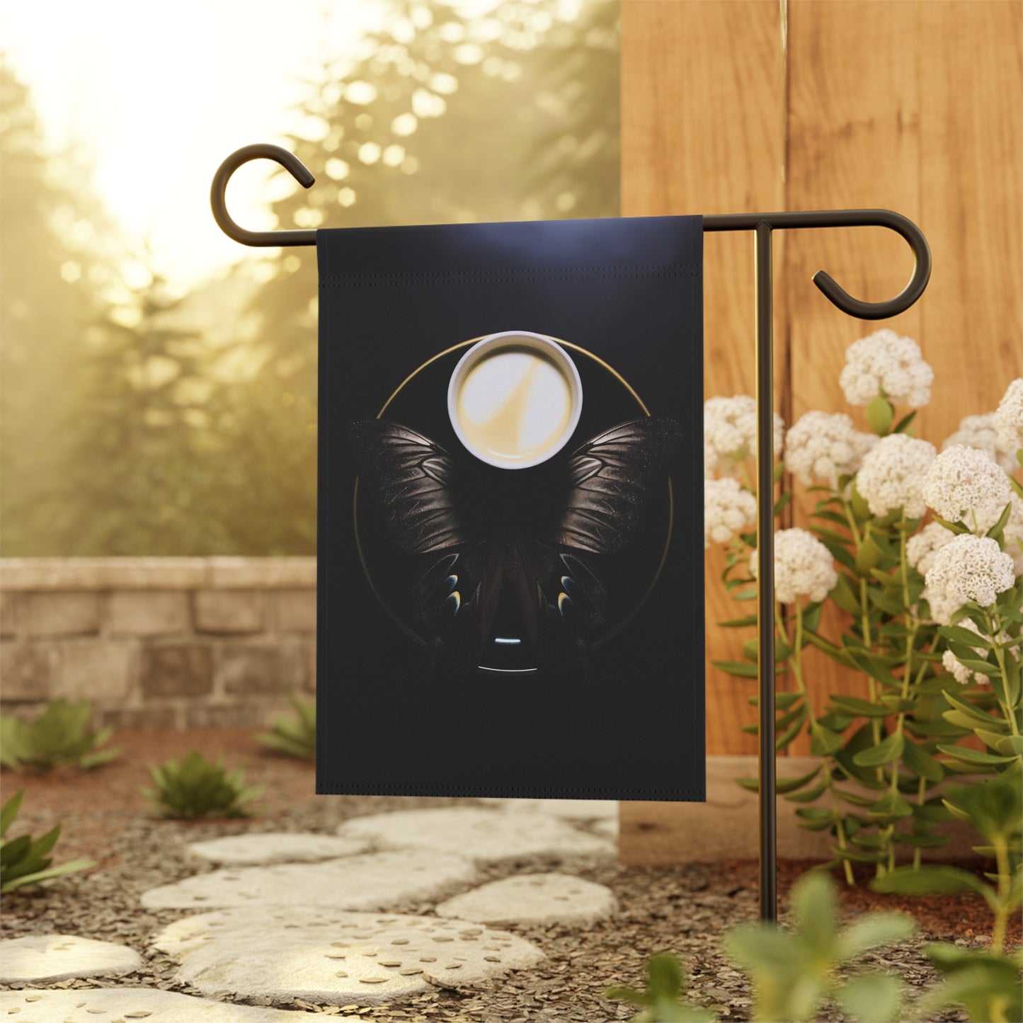 vantablack coffee with cream and sugar, iridescent butterfly wings - Garden & House Banner