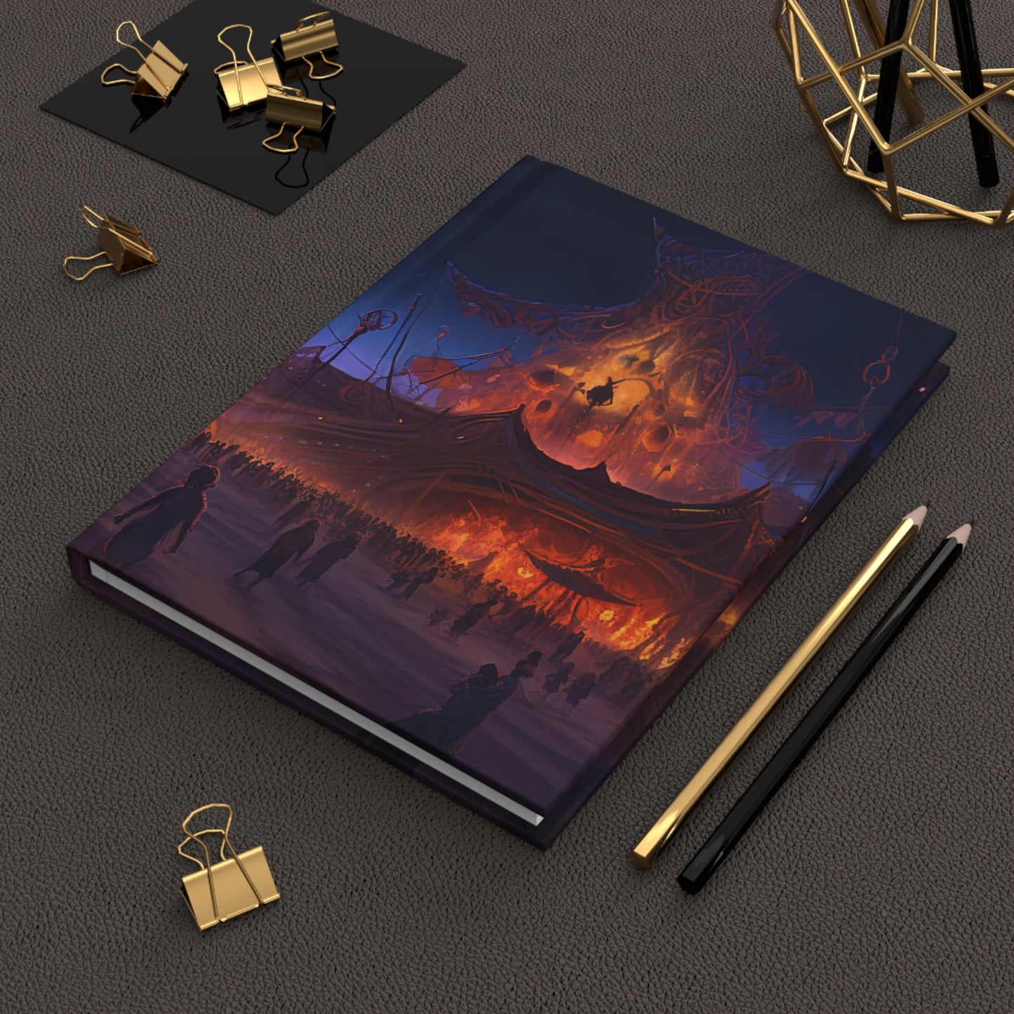 Digital painting of an awe-inspiring night scene at Burning Man, showcasing epic and intricate art installations - Hardcover Journal Matte