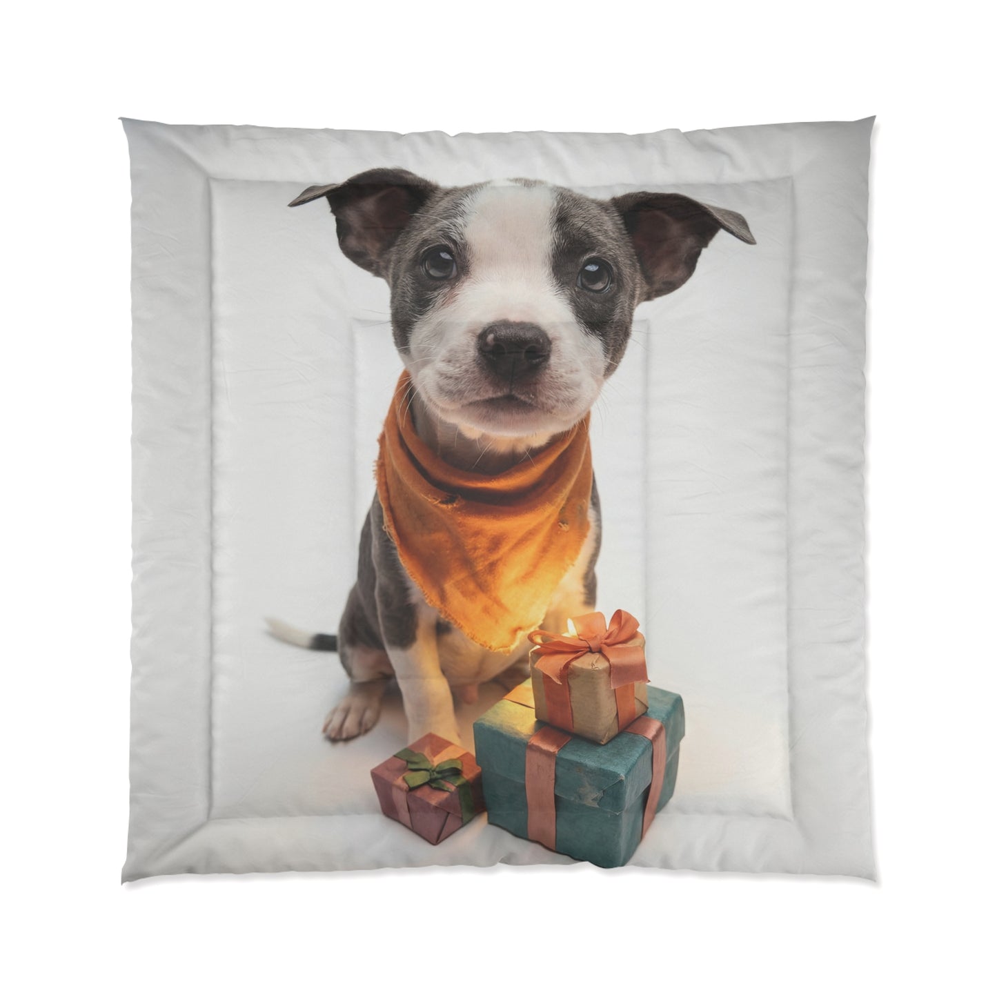 Gift-Wrapped Puppy Comforter – Warm Ember Whiskers & Crisp Paper Dreams