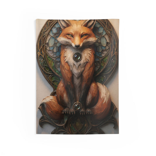 Fox Sentinel Wall Tapestry – Stained Glass Guardian in Warm Amber Light
