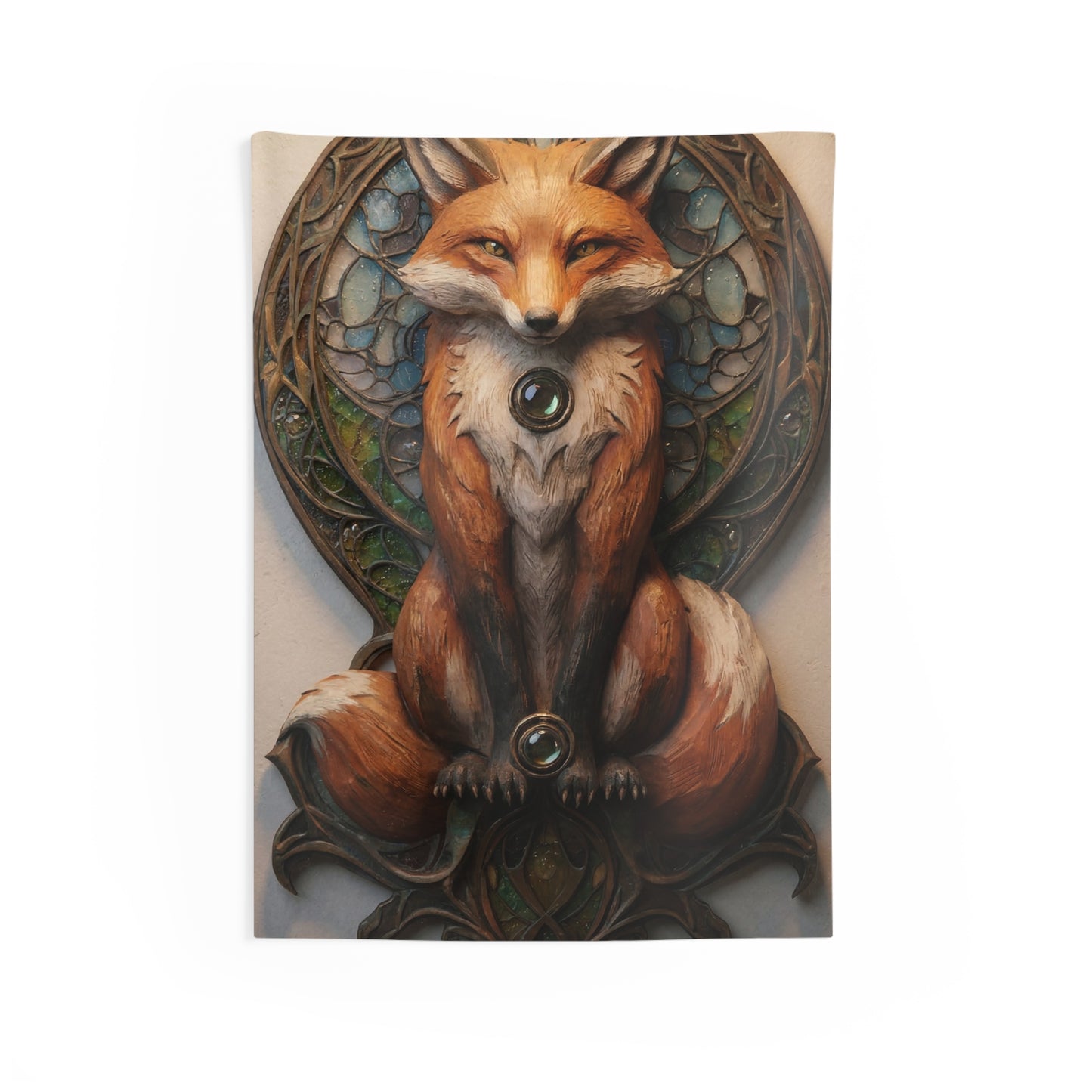 Fox Sentinel Wall Tapestry – Amber Eyed Guardian in Stained Glass Frame