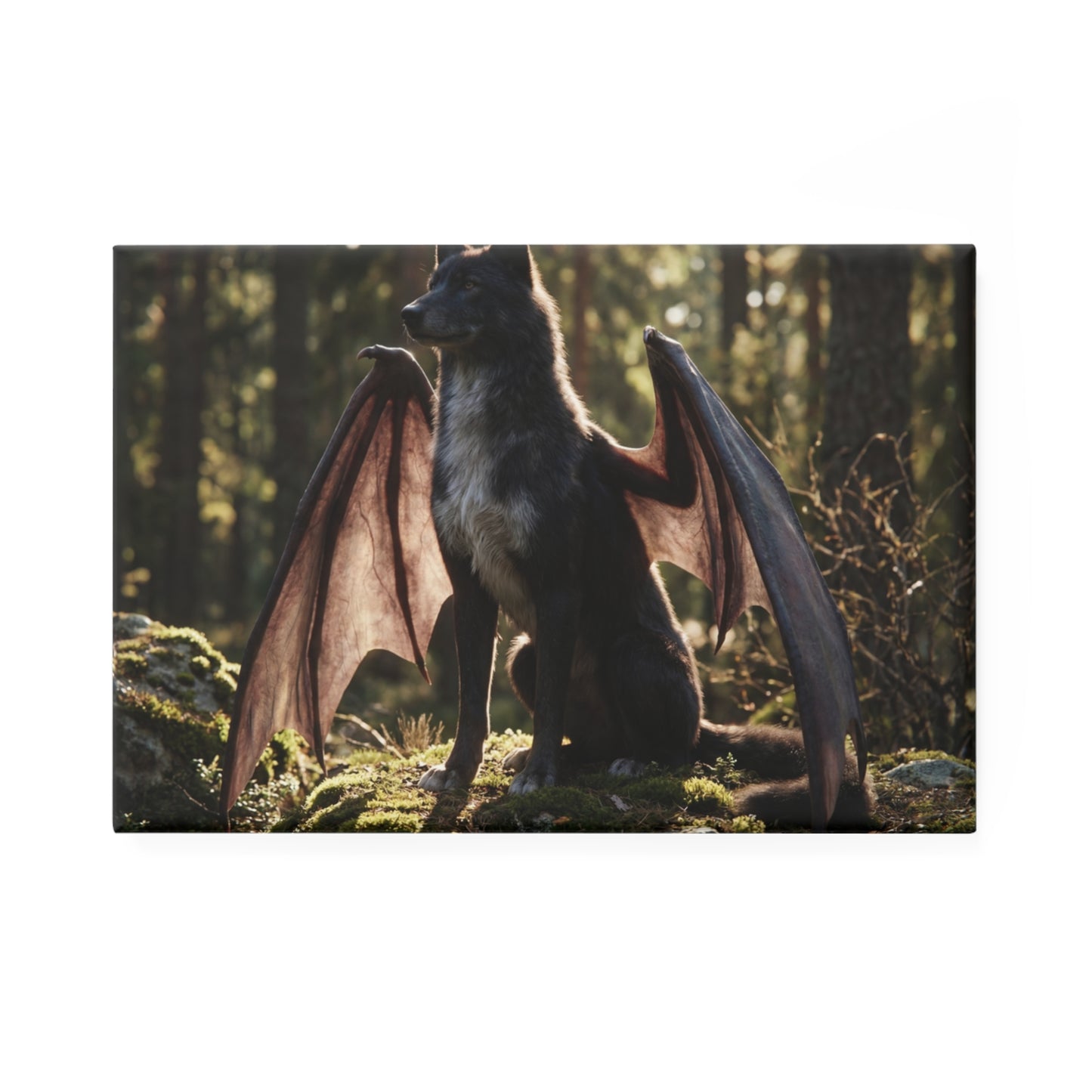 Winged Wolf Forest Guardian Button Magnet, Rectangle (1 & 10 pcs) – Sunlit Sentinel of the Mossy Glade