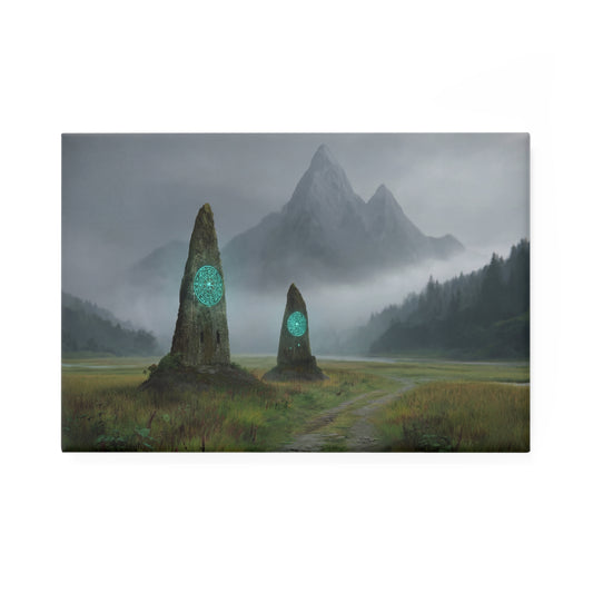 Ancient Portal Stones Button Magnet, Rectangle (1 & 10 pcs) – Glowing Glyphs in Misty Vale
