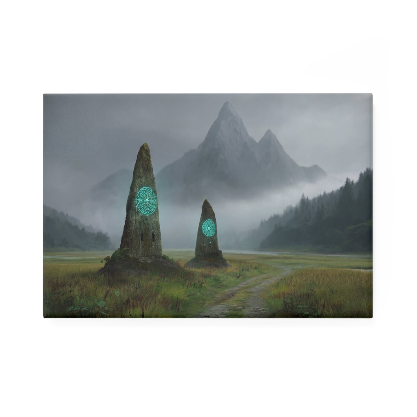Ancient Portal Stones Button Magnet, Rectangle (1 & 10 pcs) – Glowing Glyphs in Misty Vale