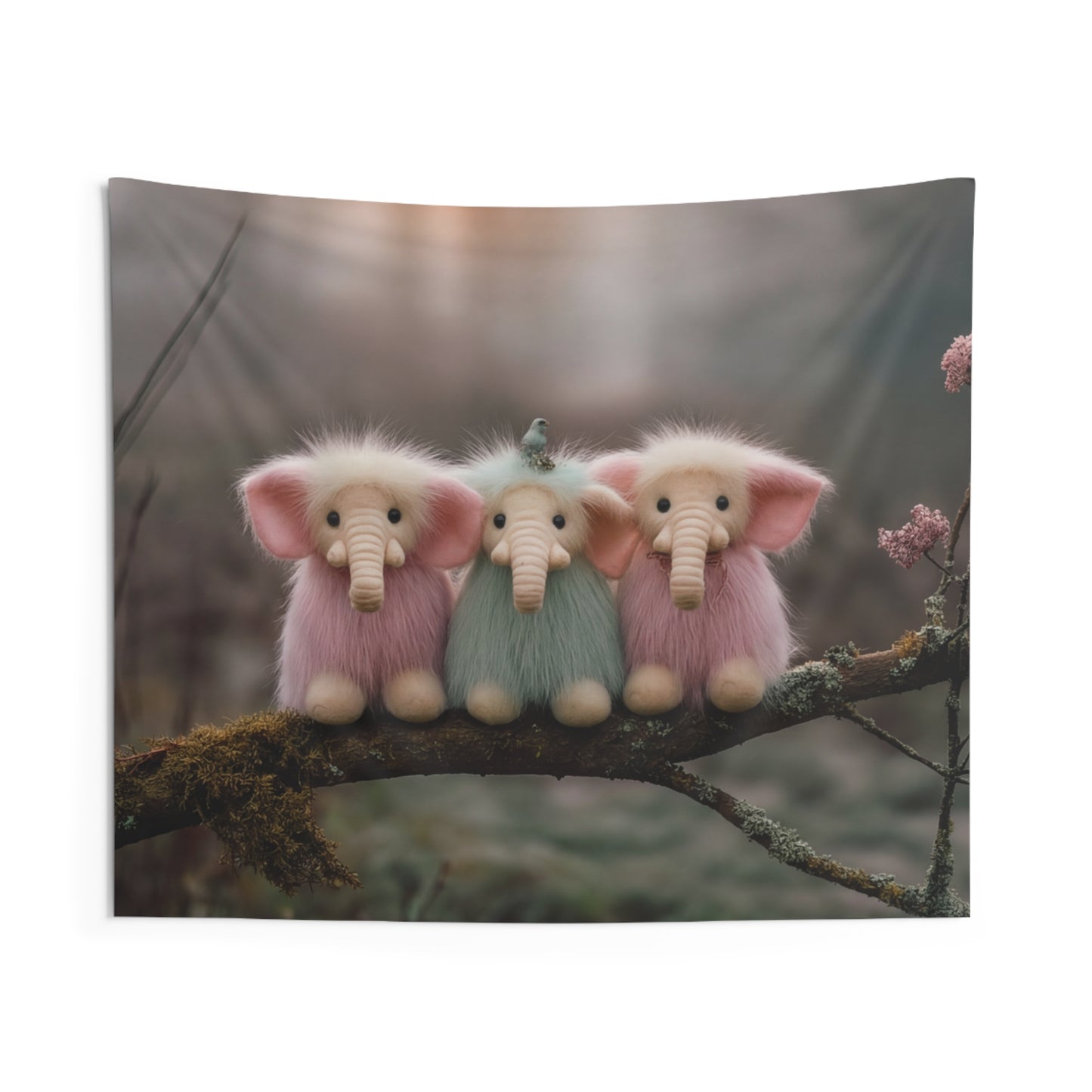 Trio of Furry Elephants Indoor Wall Tapestries – Dawn’s Whisper in the Mist