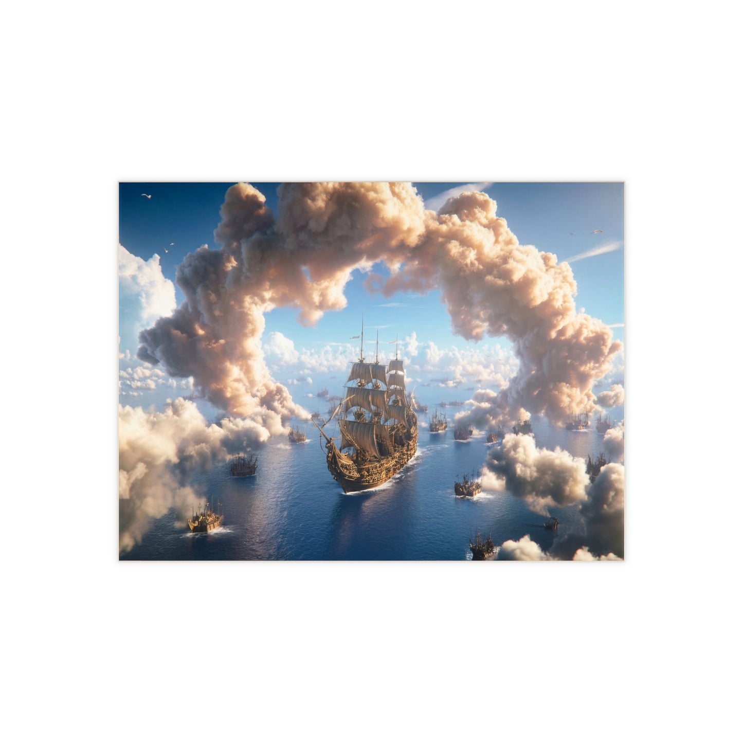 Armada Through the Clouds Ceramic Photo Tile – Golden Fleet on Azure Seas