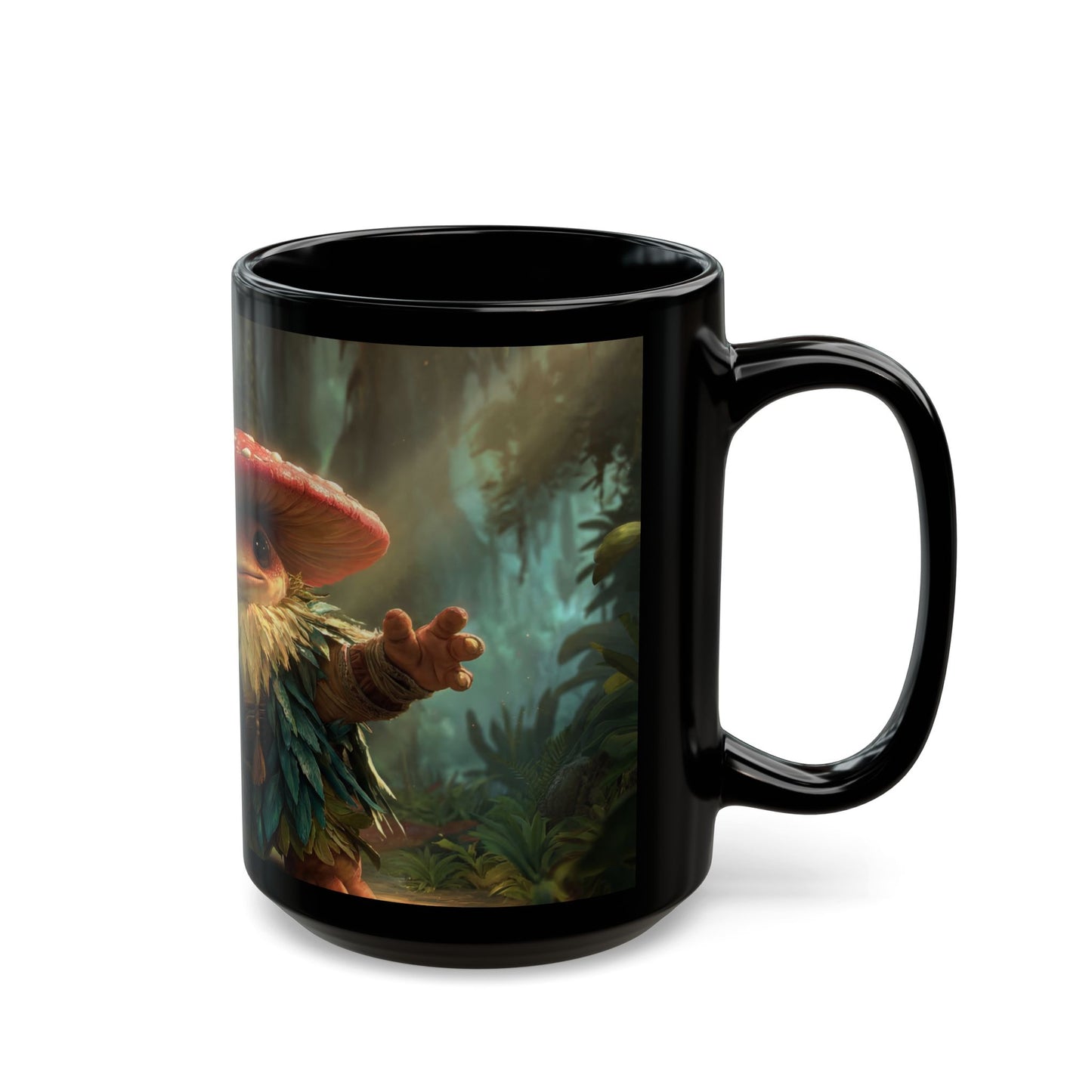Mushroom Guardian Black Mug – Sunlit Jungle Sentinel