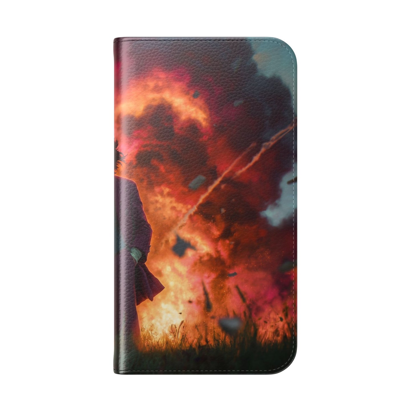 Goggles & Chaos Flip Cases – Purple Suit Amidst Fiery Explosion