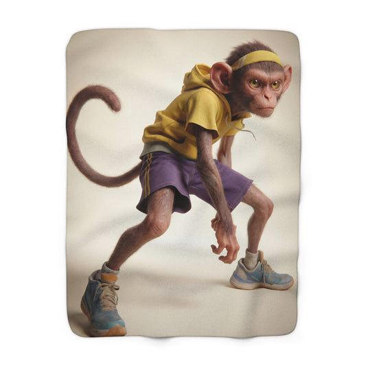 Sprinting Monkey Sherpa Fleece Blanket – Yellow Headband Athletic Pose