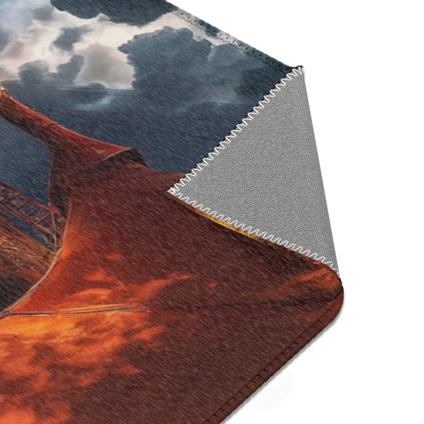 Crimson Carnival Tent Rug – City Skyline Under Thunderous Canopy