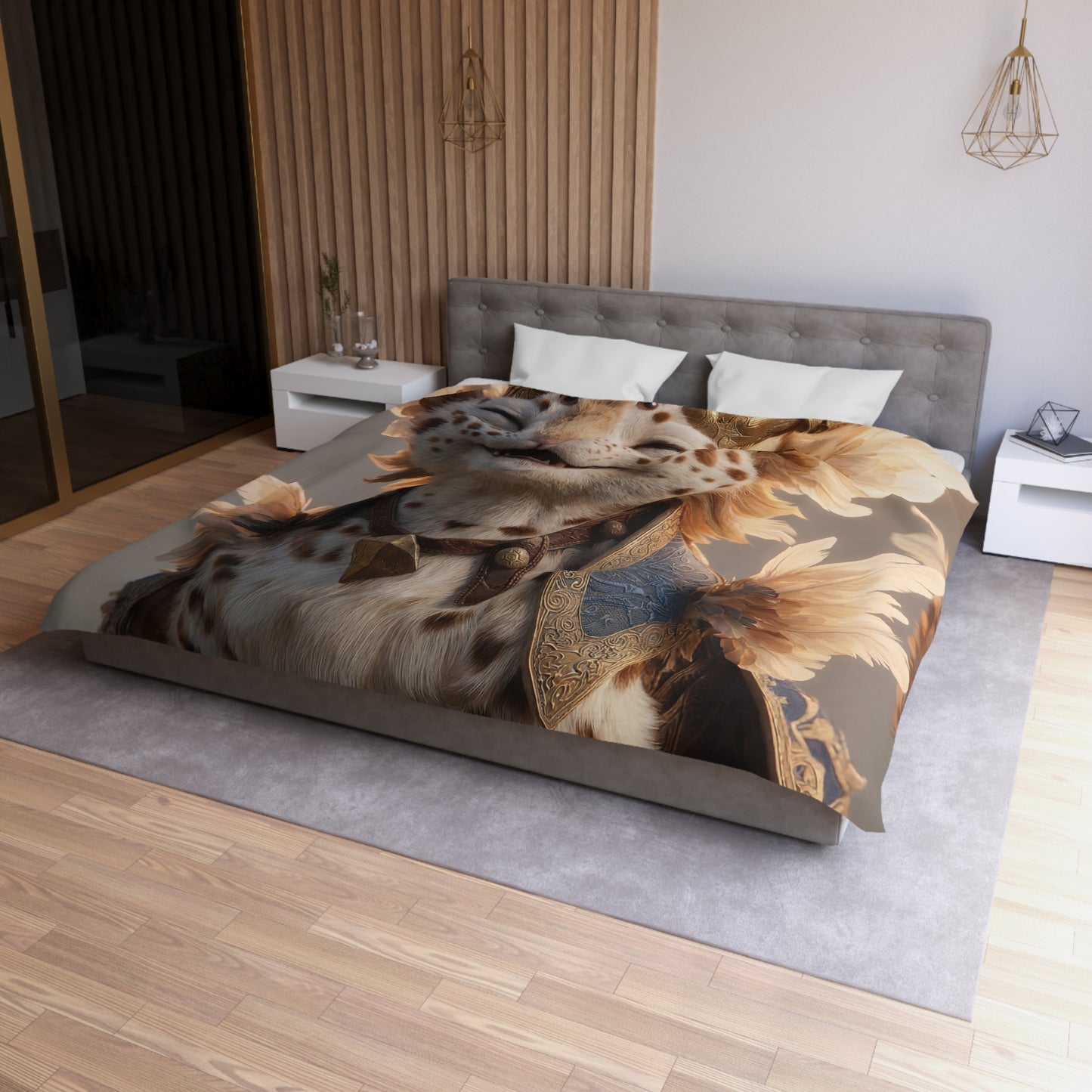 Regal Feline Sentinel Microfiber Duvet Cover – Sunlit Crown of Feathers