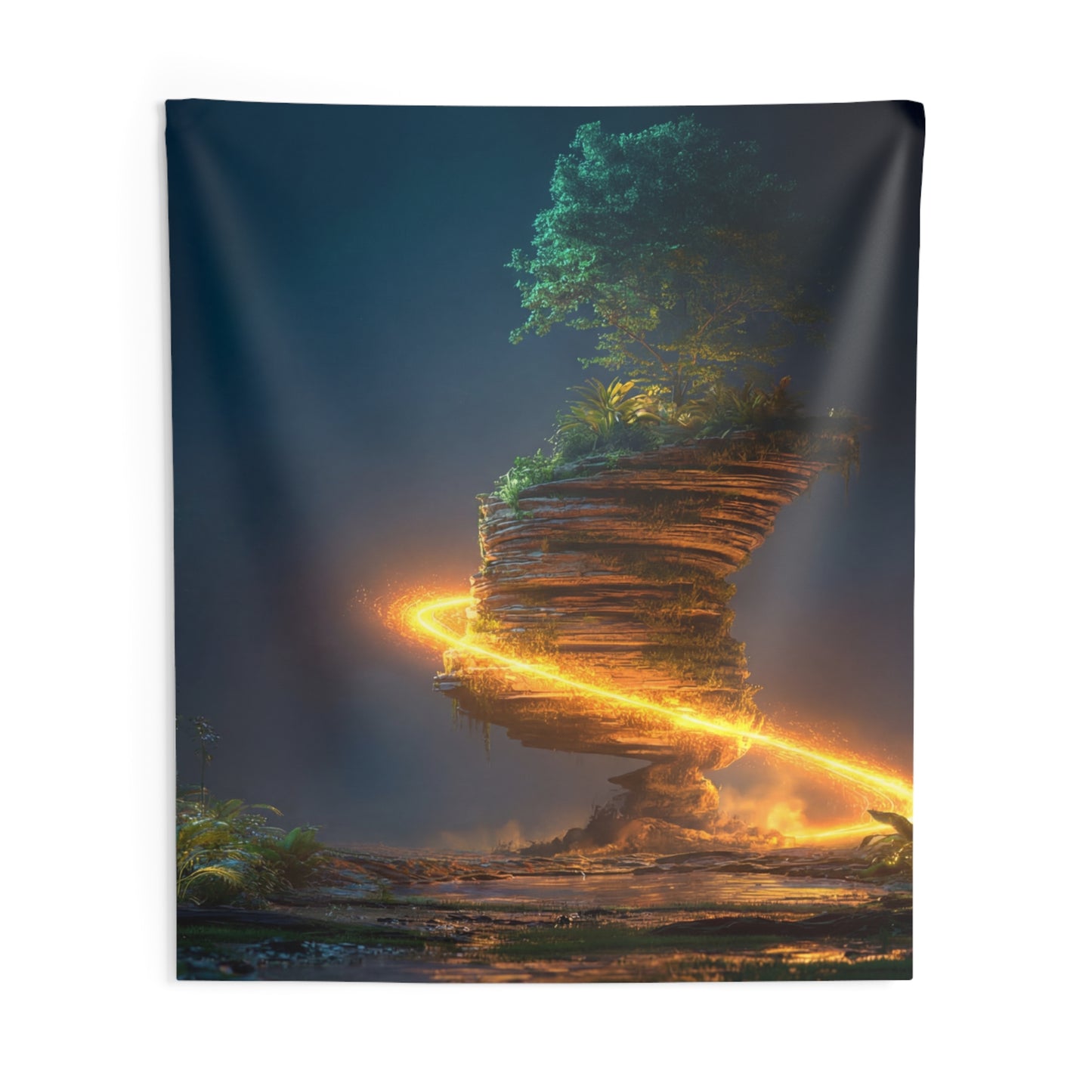 Floating Island Treehouse Tapestry – Celestial Glow Through Twilight Jungle