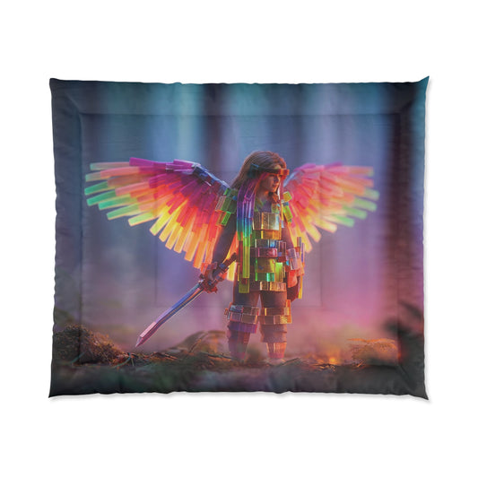 Prism Wings Warrior Comforter – Neon Forest Guardian Dreamscape