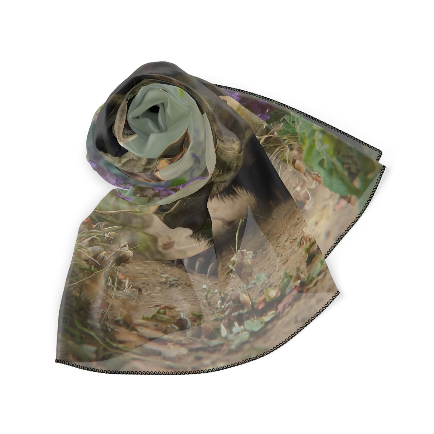 Badger Explorer Poly Scarf – Mossy Path Through Purple Wildflowers