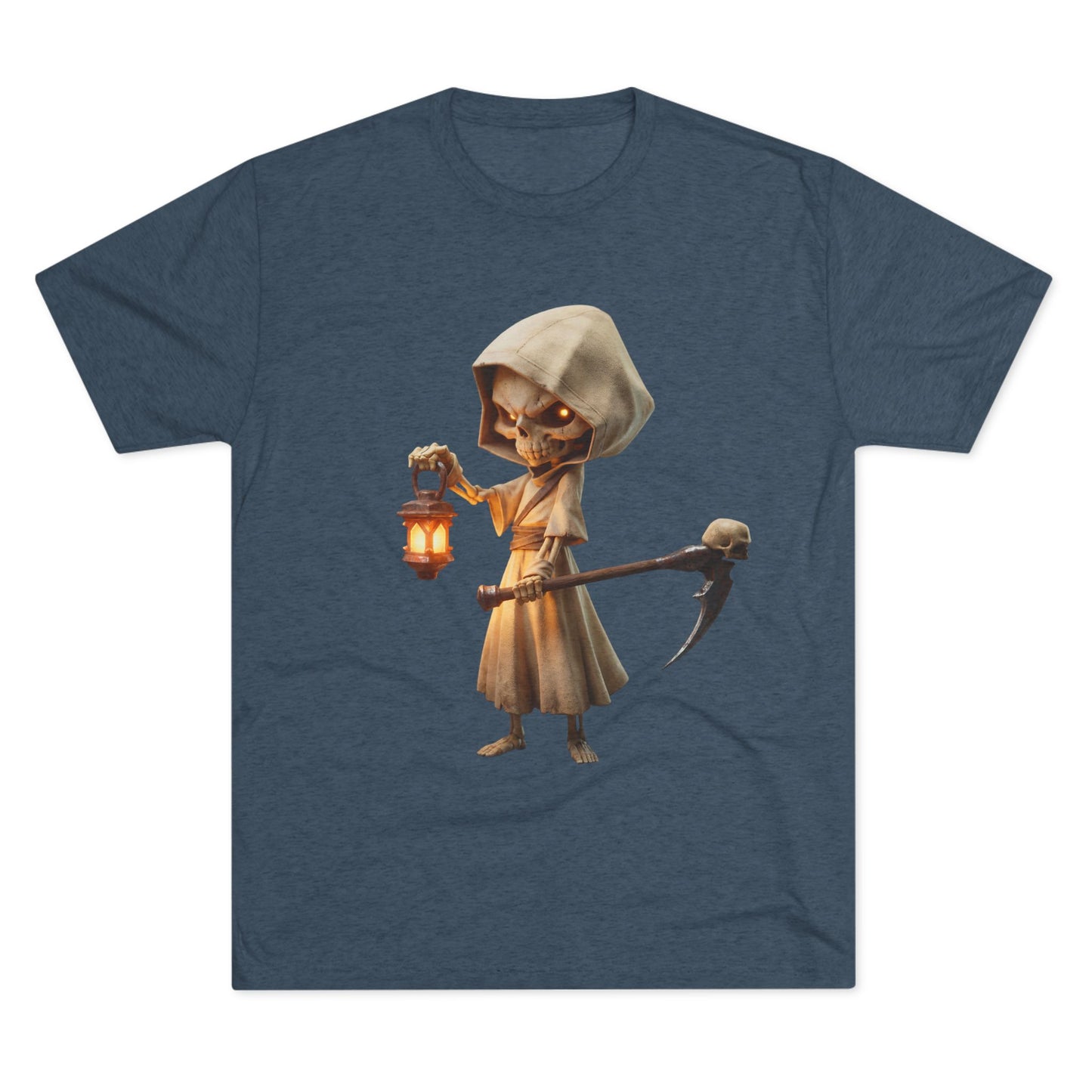 Lantern-Bearing Skeleton Hoodie Tee – Soft Tri-Blend Crewneck with Scythe and Glowing Eyes