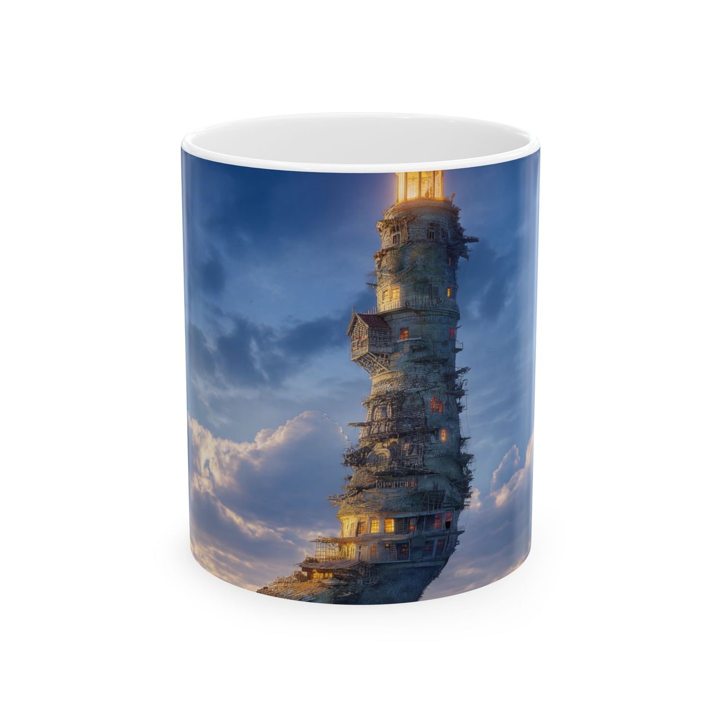 Skyborne Lighthouse Ceramic Mug – Twilight Beacon in the Clouds