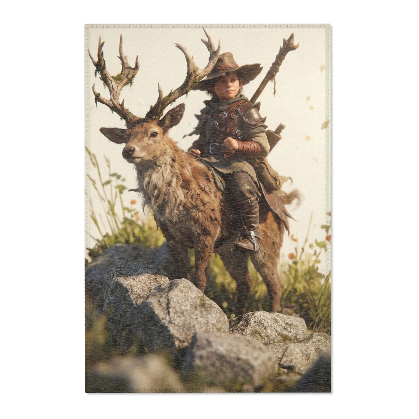 Boy with Stag Companion Area Rug – Sunlit Ridge Guardian