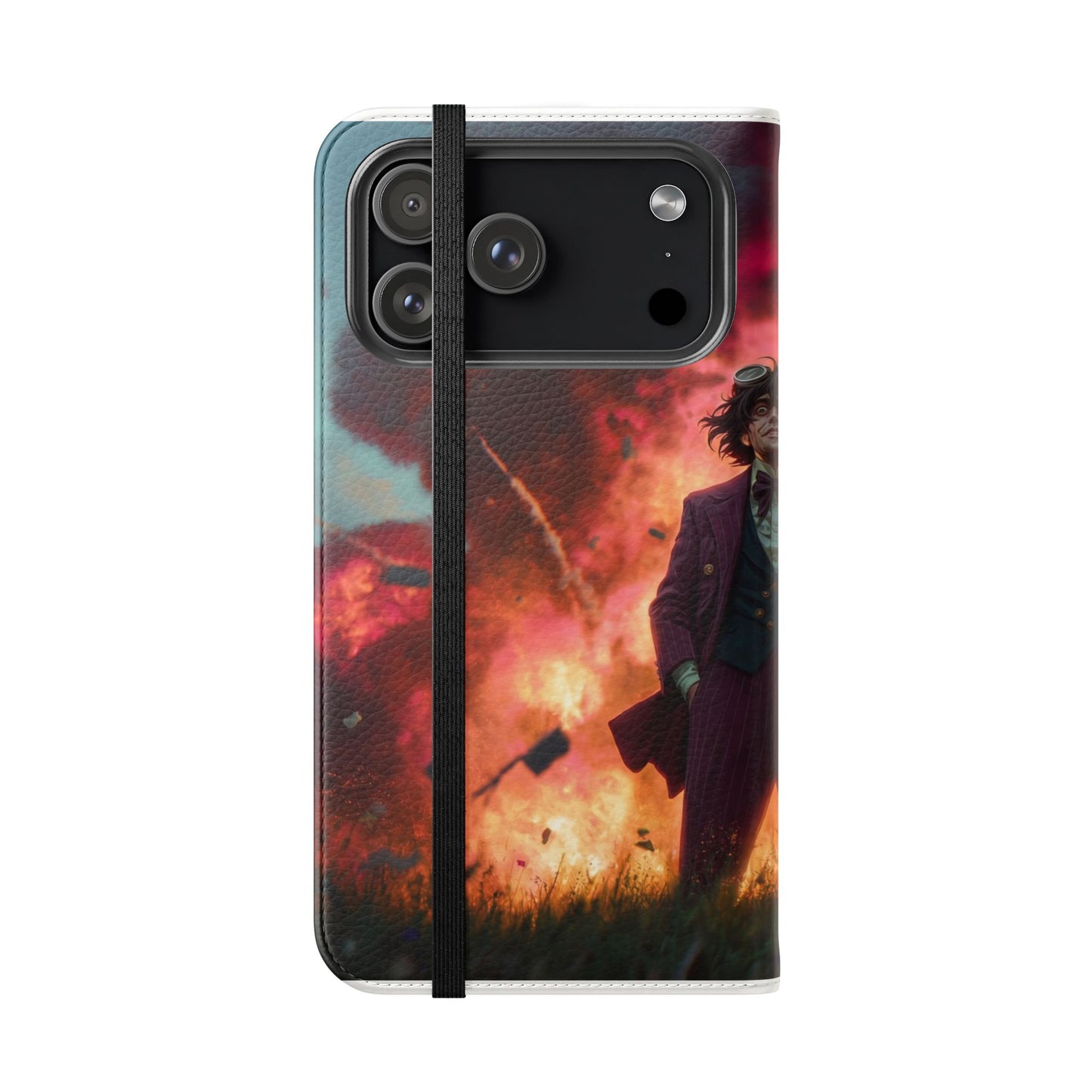 Goggles & Chaos Flip Cases – Purple Suit Amidst Fiery Explosion