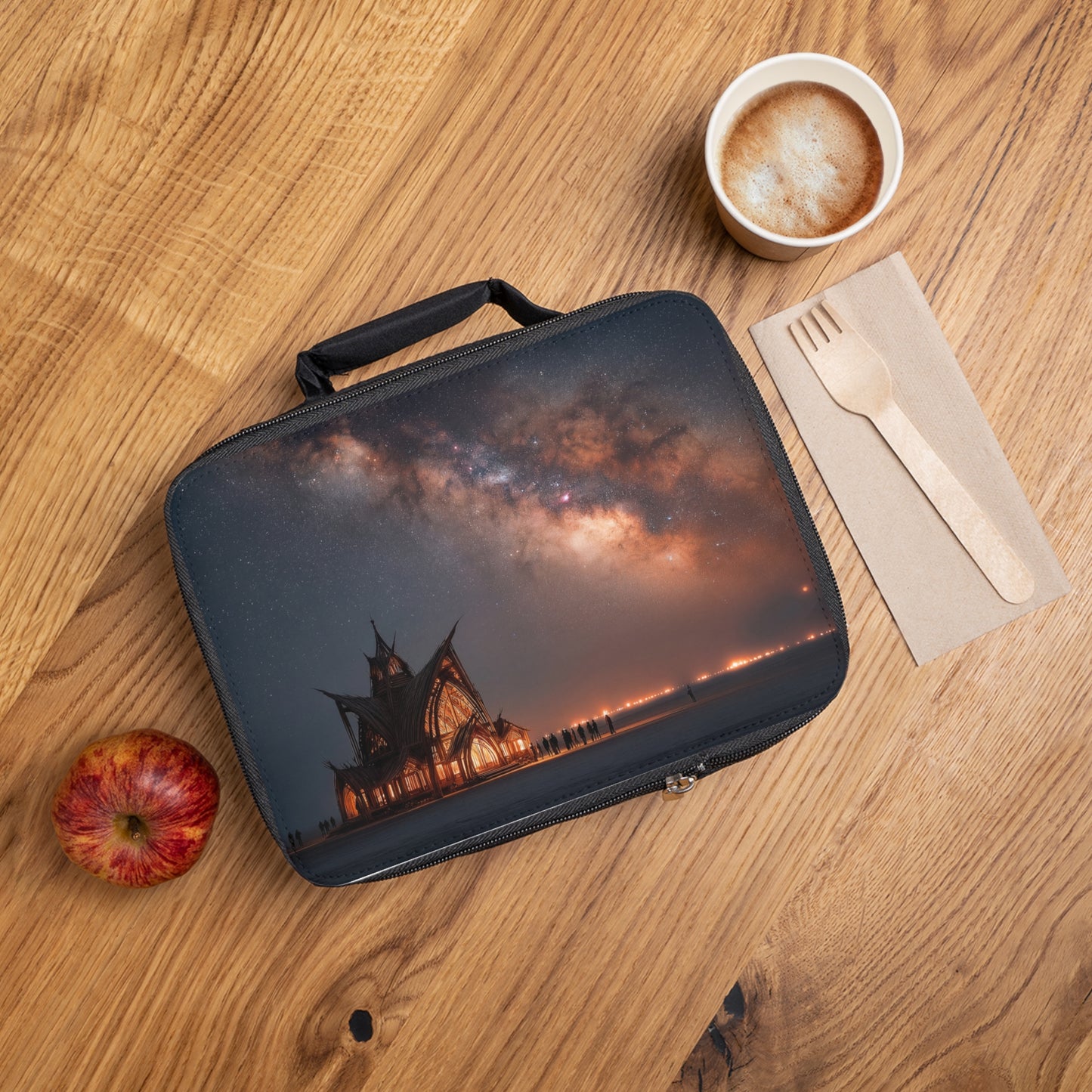 Starlit Cathedral Lunch Bag – Where the Milky Way Meets Wooden Grace
