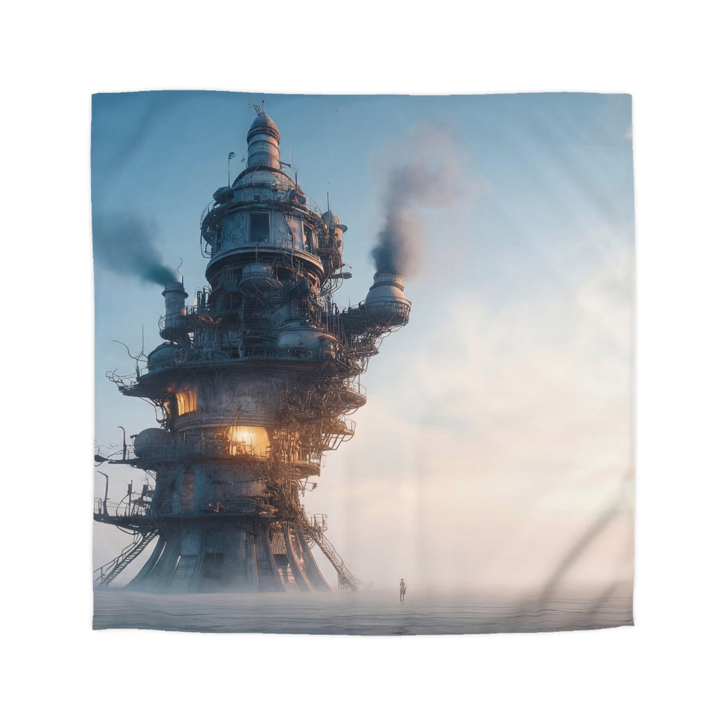 Skyward Steam Tower Microfiber Duvet Cover – A孤独 Sentinel in Dawn’s Hush