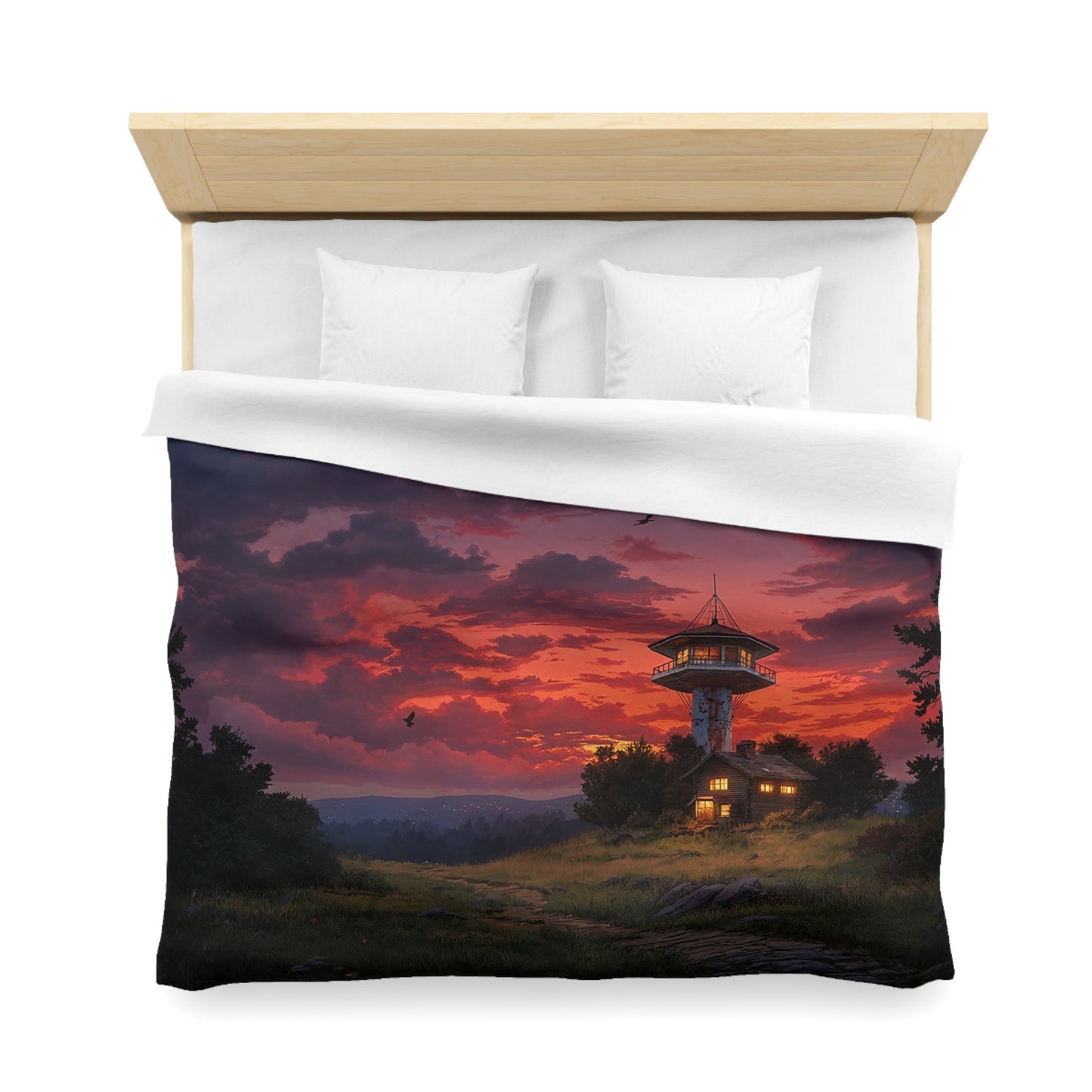 Sunset Sentinel Microfiber Duvet Cover – Warm Light Over Watchtower Hills